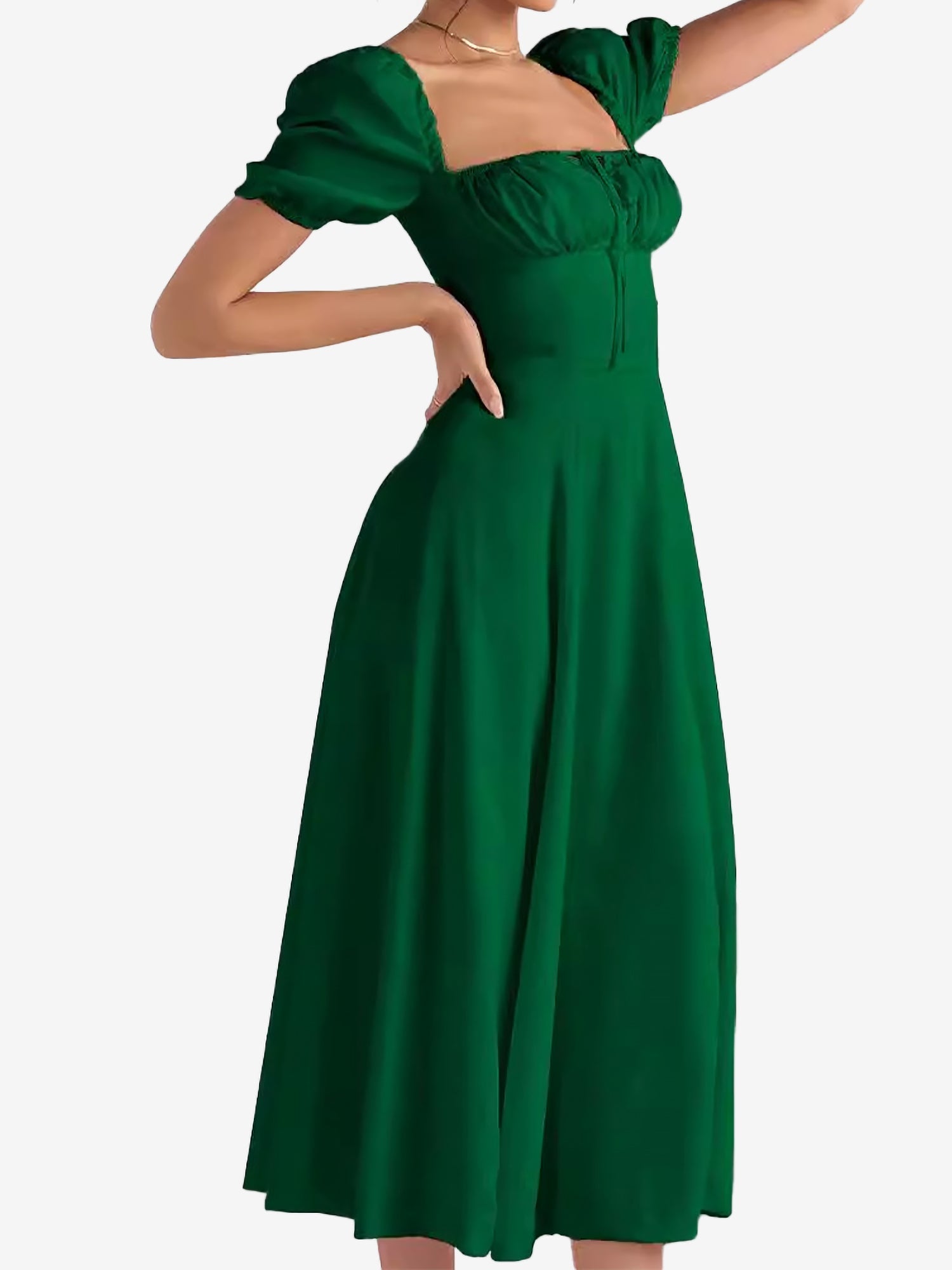 Flattering A-Line Silhouette with Asymmetrical Ruches Puff Sleeve Solid Color Ruched Midi A-Line Date Nights & Garden Parties Dress