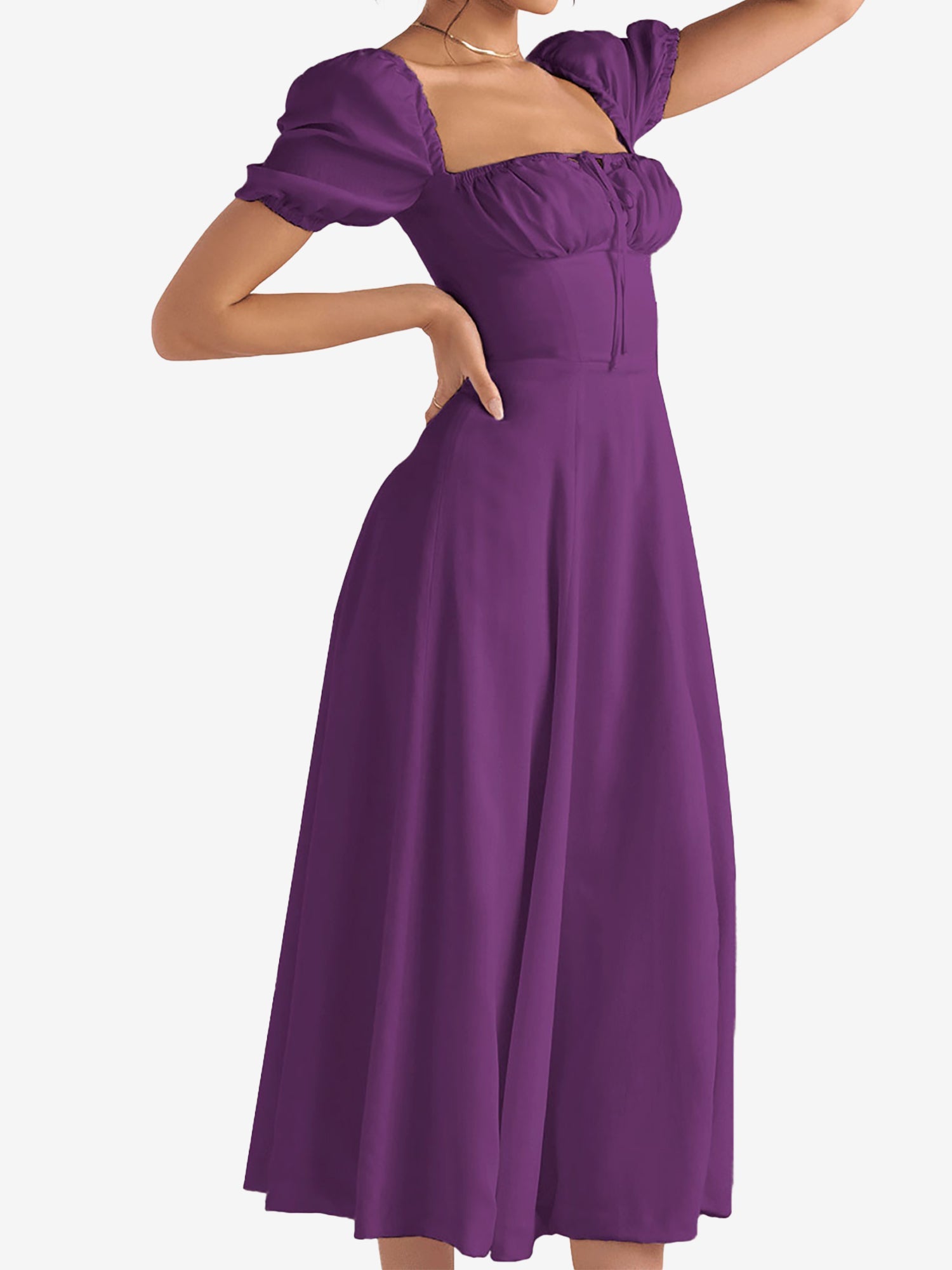 Flattering A-Line Silhouette with Asymmetrical Ruches Puff Sleeve Solid Color Ruched Midi A-Line Date Nights & Garden Parties Dress