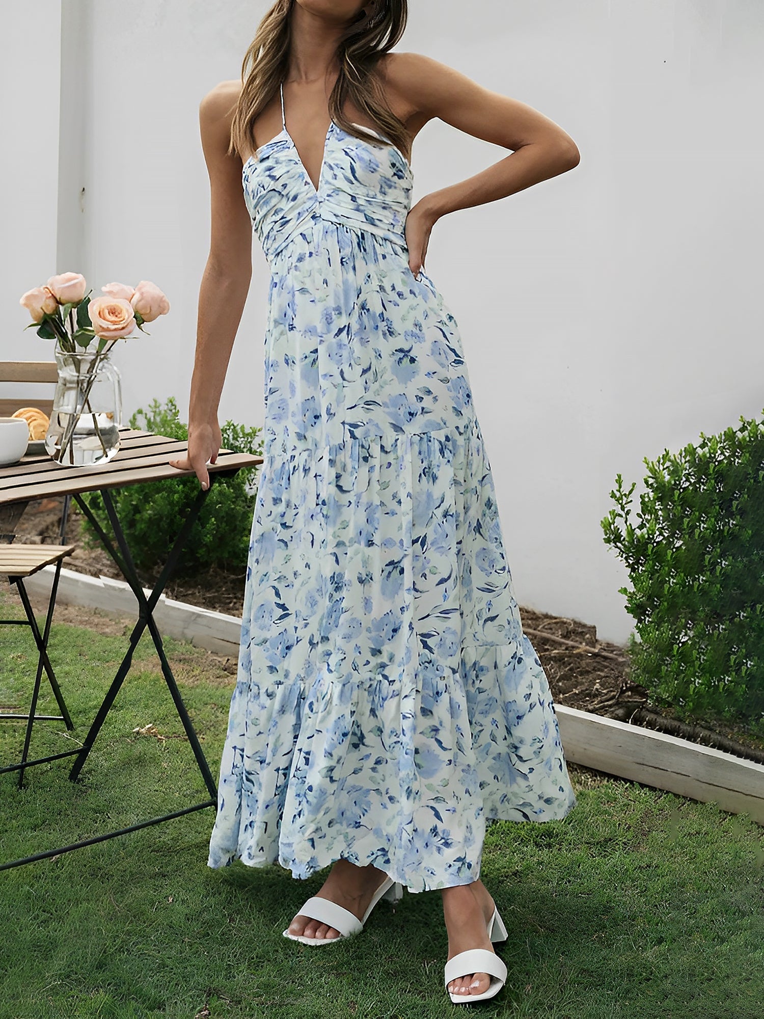 Halter Neck Backless Ruched Tiered Maxi Dress