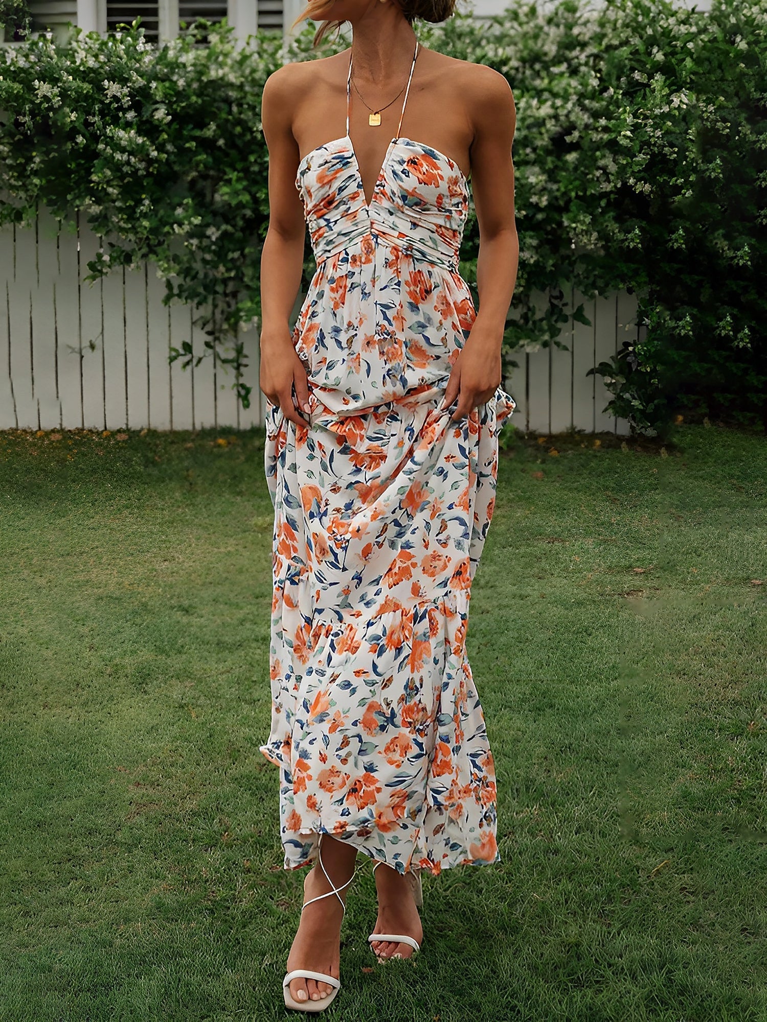 Halter Neck Backless Ruched Tiered Maxi Dress
