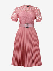 Elegant Vintage-Inspired Lace Patchwork Belted Pleated Midi Dress