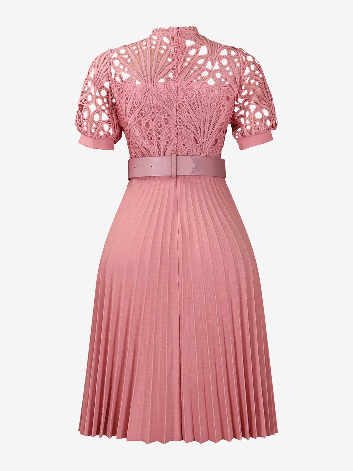 Elegant Vintage-Inspired Lace Patchwork Belted Pleated Midi Dress