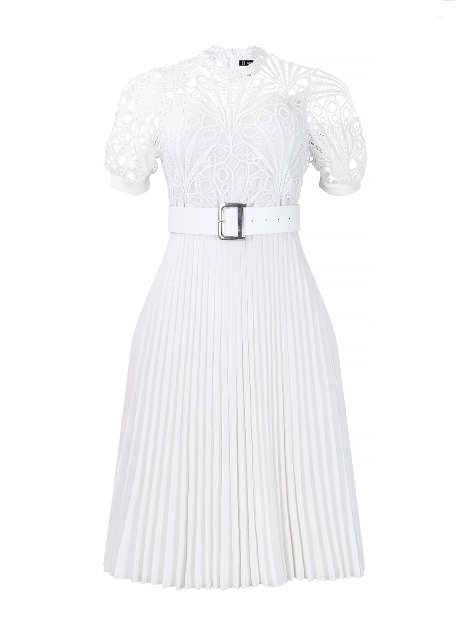 Elegant Vintage-Inspired Lace Patchwork Belted Pleated Midi Dress