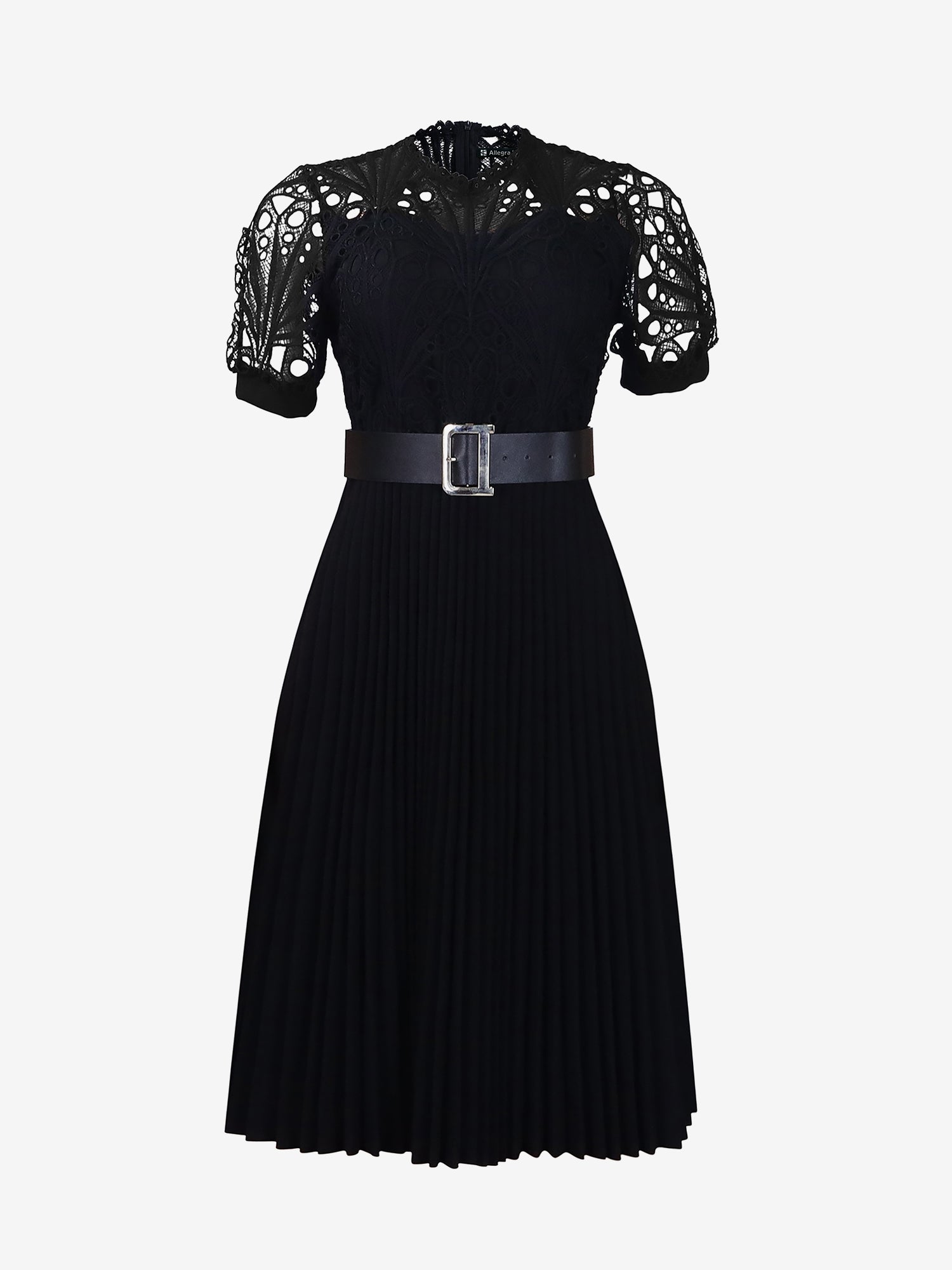Elegant Vintage-Inspired Lace Patchwork Belted Pleated Midi Dress