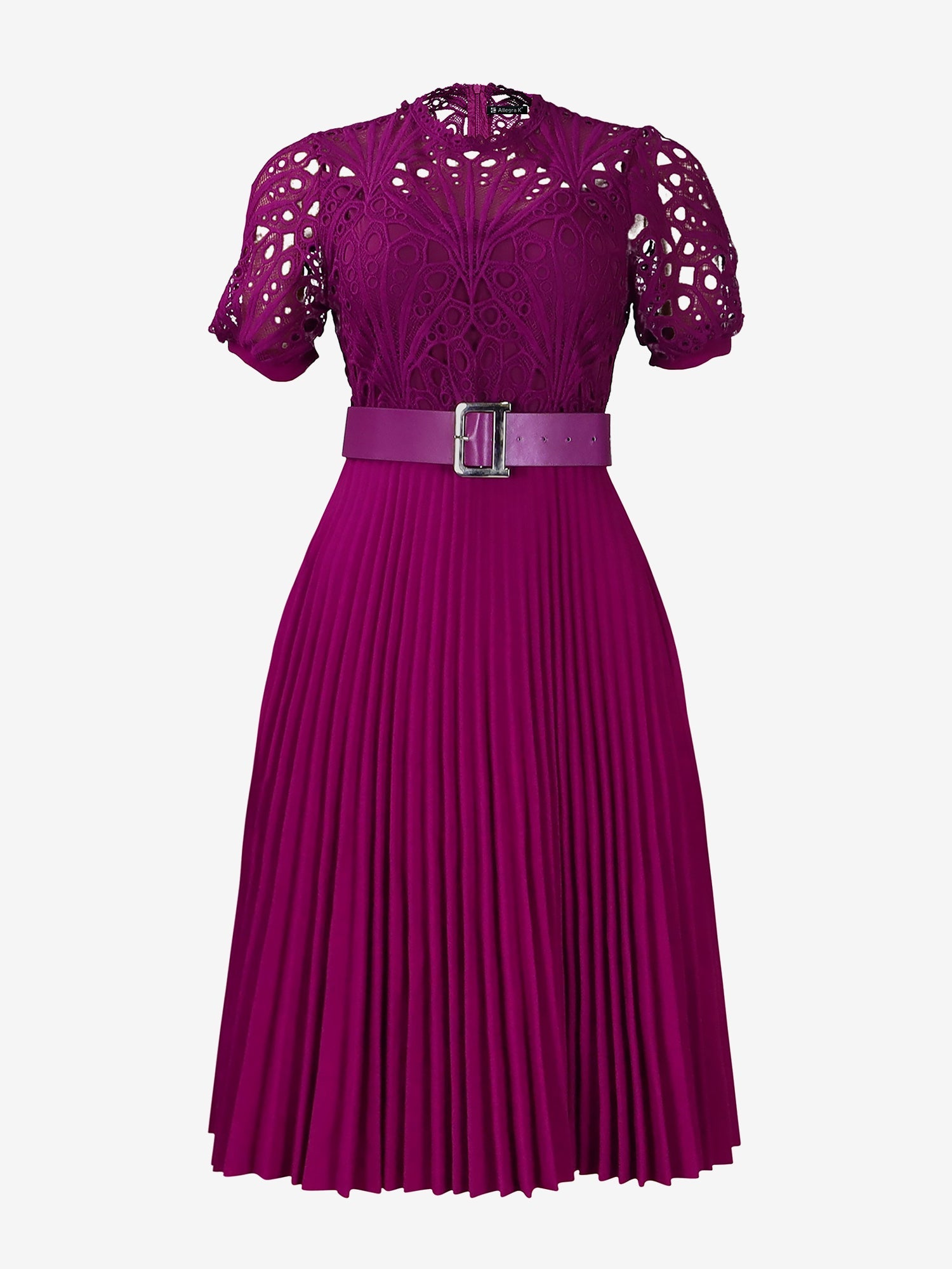 Elegant Vintage-Inspired Lace Patchwork Belted Pleated Midi Dress