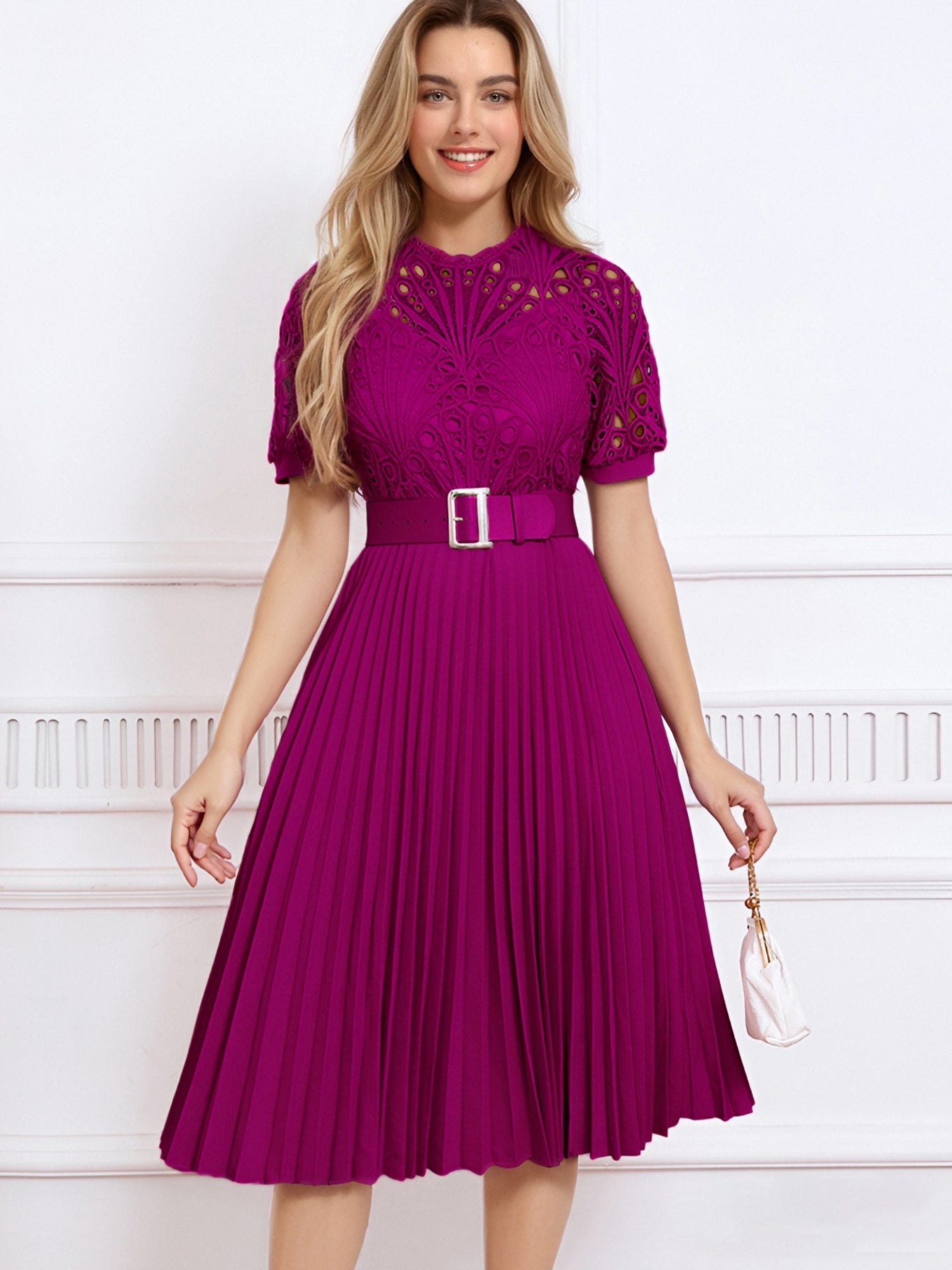 Elegant Vintage-Inspired Lace Patchwork Belted Pleated Midi Dress