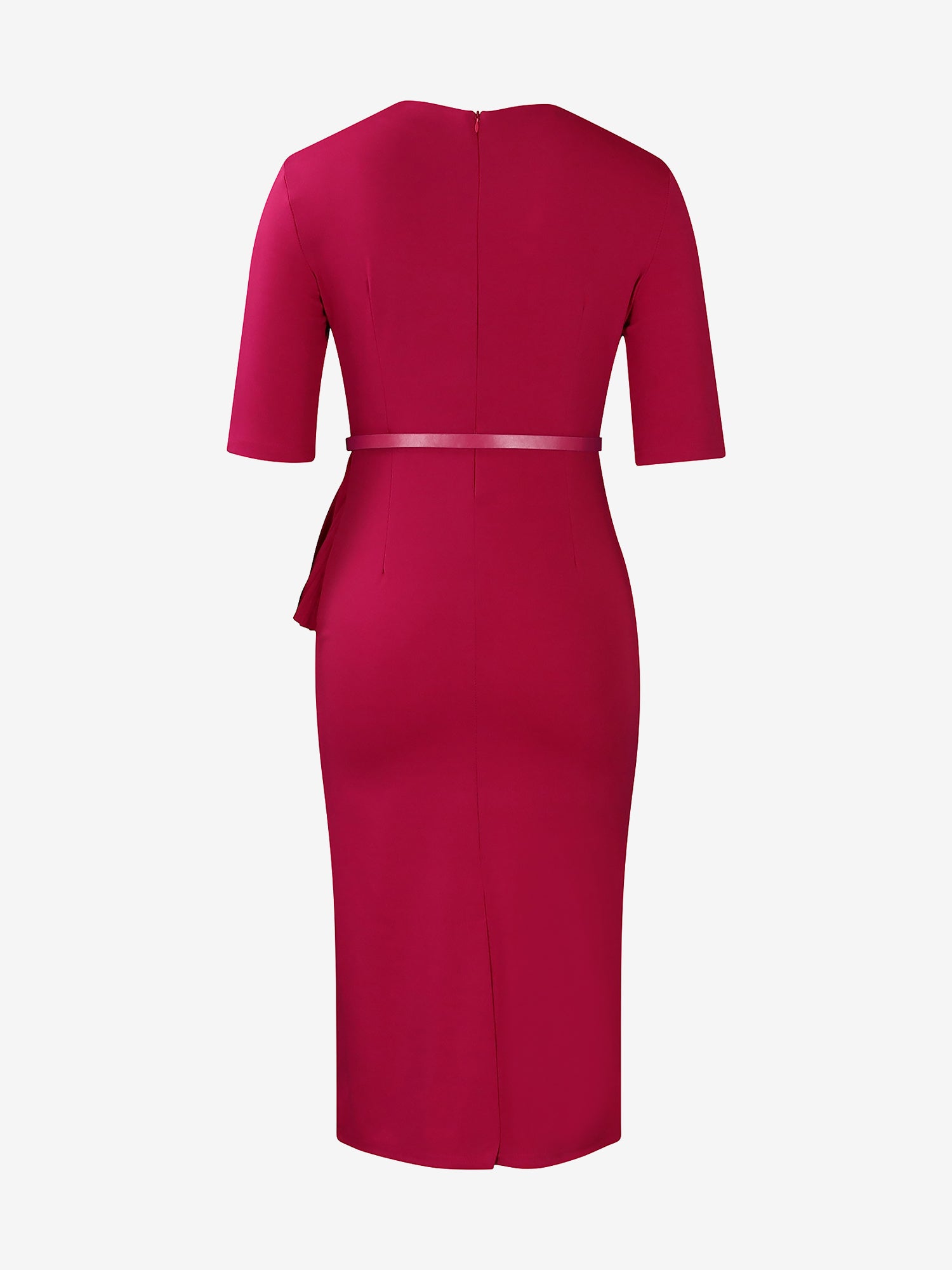 Classic Slim Fit Solid Color Short Sleeves Belted Midi Sheath Work Dress