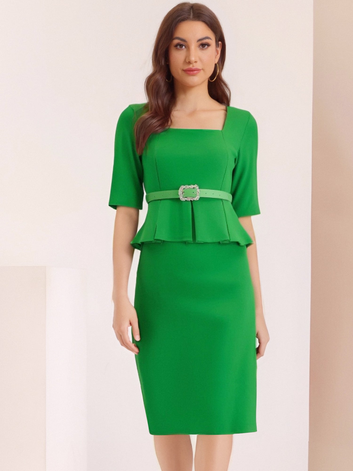 Short Sleeve Peplum Belted Midi Sheath Dress