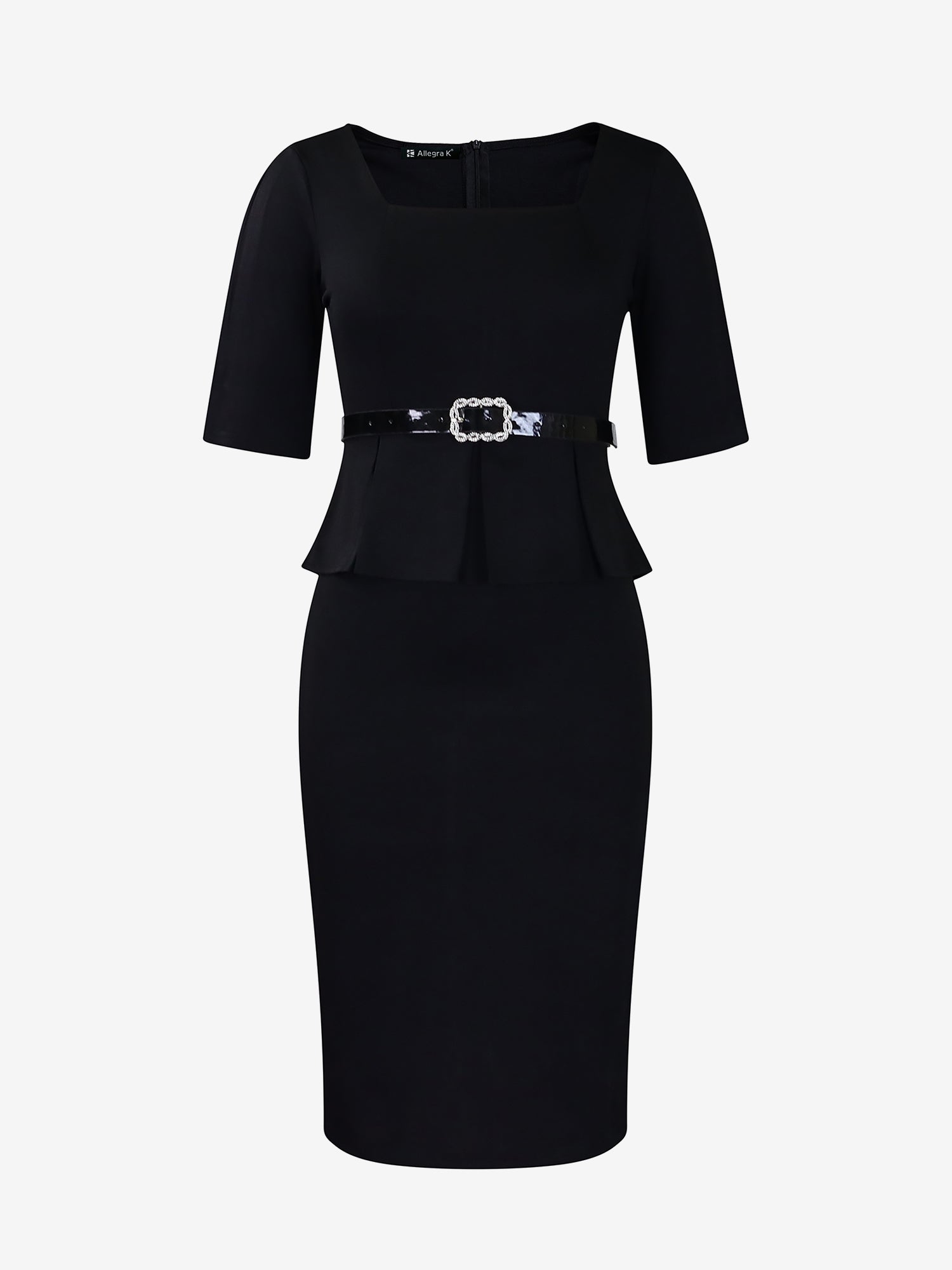 Short Sleeve Peplum Belted Midi Sheath Dress