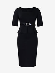 Short Sleeve Peplum Belted Midi Sheath Dress