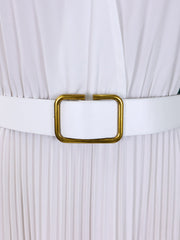 Elegant Solid Color Shirt Tailored Collar Pleated Belted Midi Dress