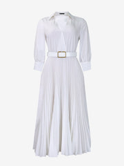 Elegant Solid Color Shirt Tailored Collar Pleated Belted Midi Dress
