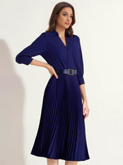 Elegant Solid Color Shirt Tailored Collar Pleated Belted Midi Dress
