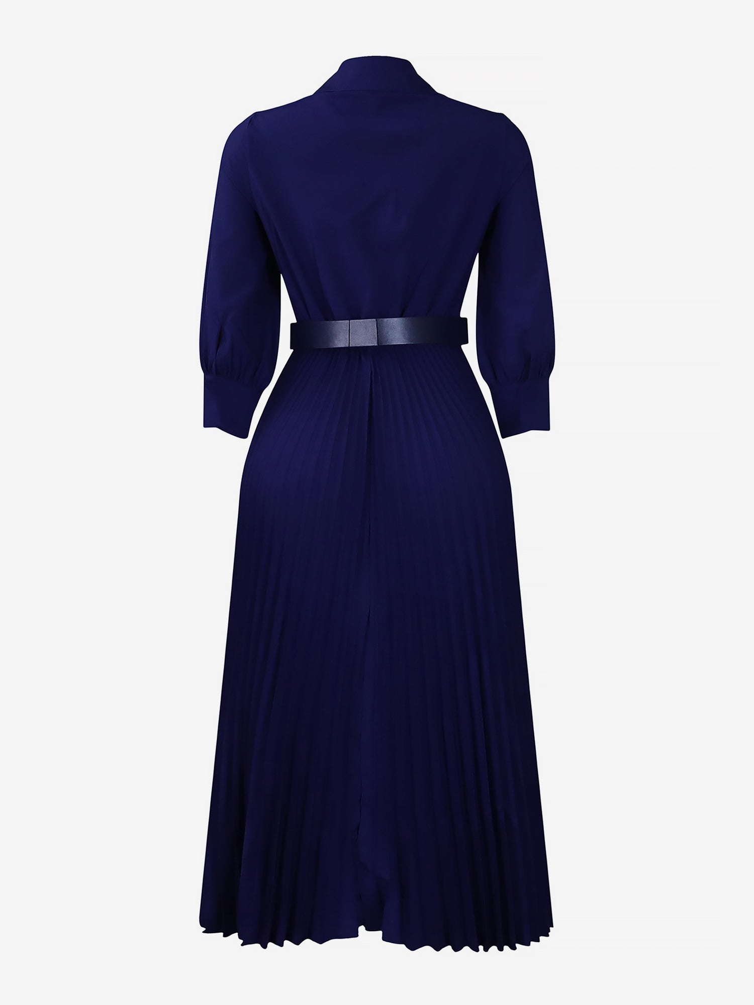 Elegant Solid Color Shirt Tailored Collar Pleated Belted Midi Dress