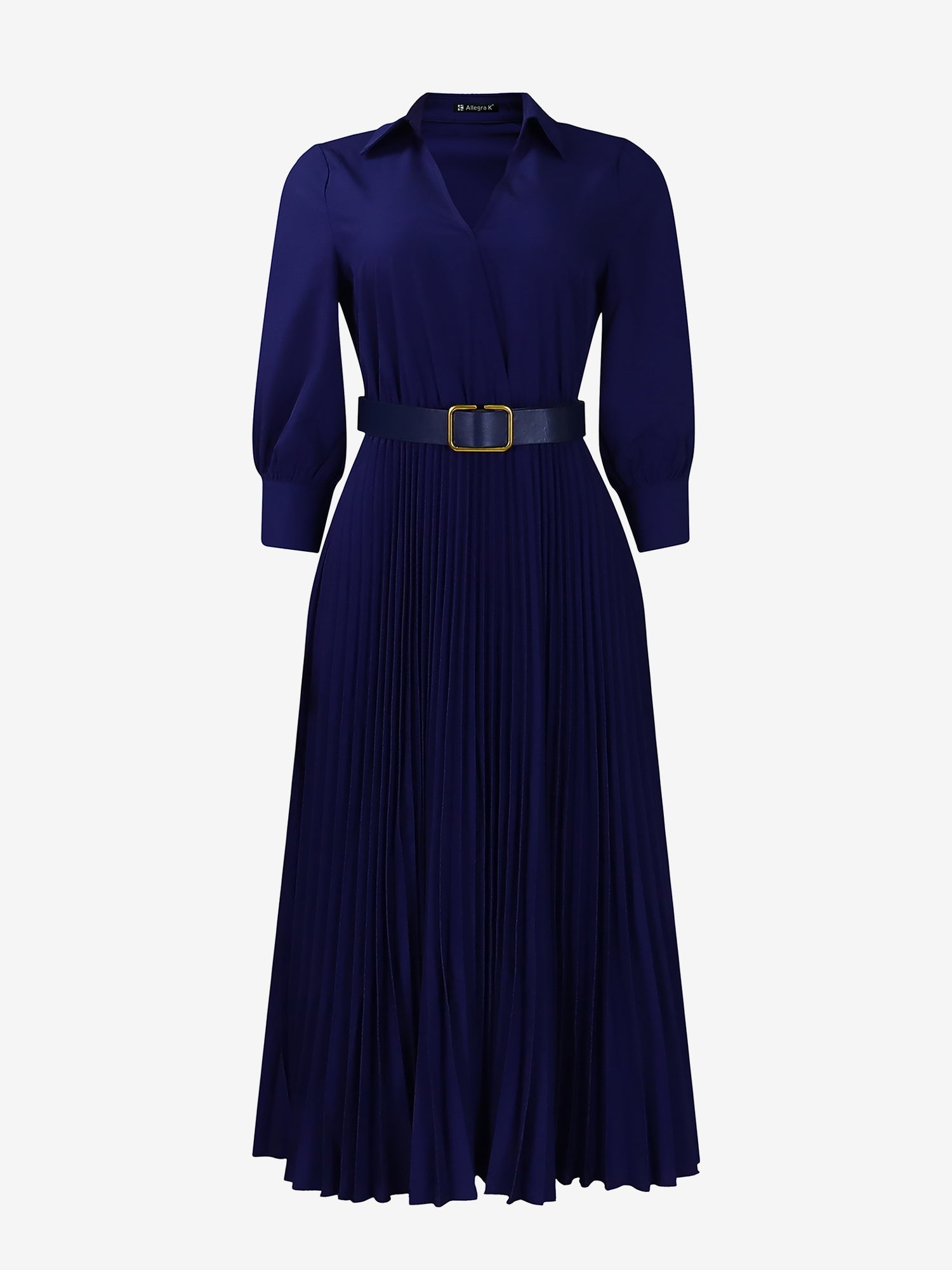 Elegant Solid Color Shirt Tailored Collar Pleated Belted Midi Dress