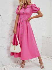 Puff Sleeve Button Down Solid Color Shirt Dress