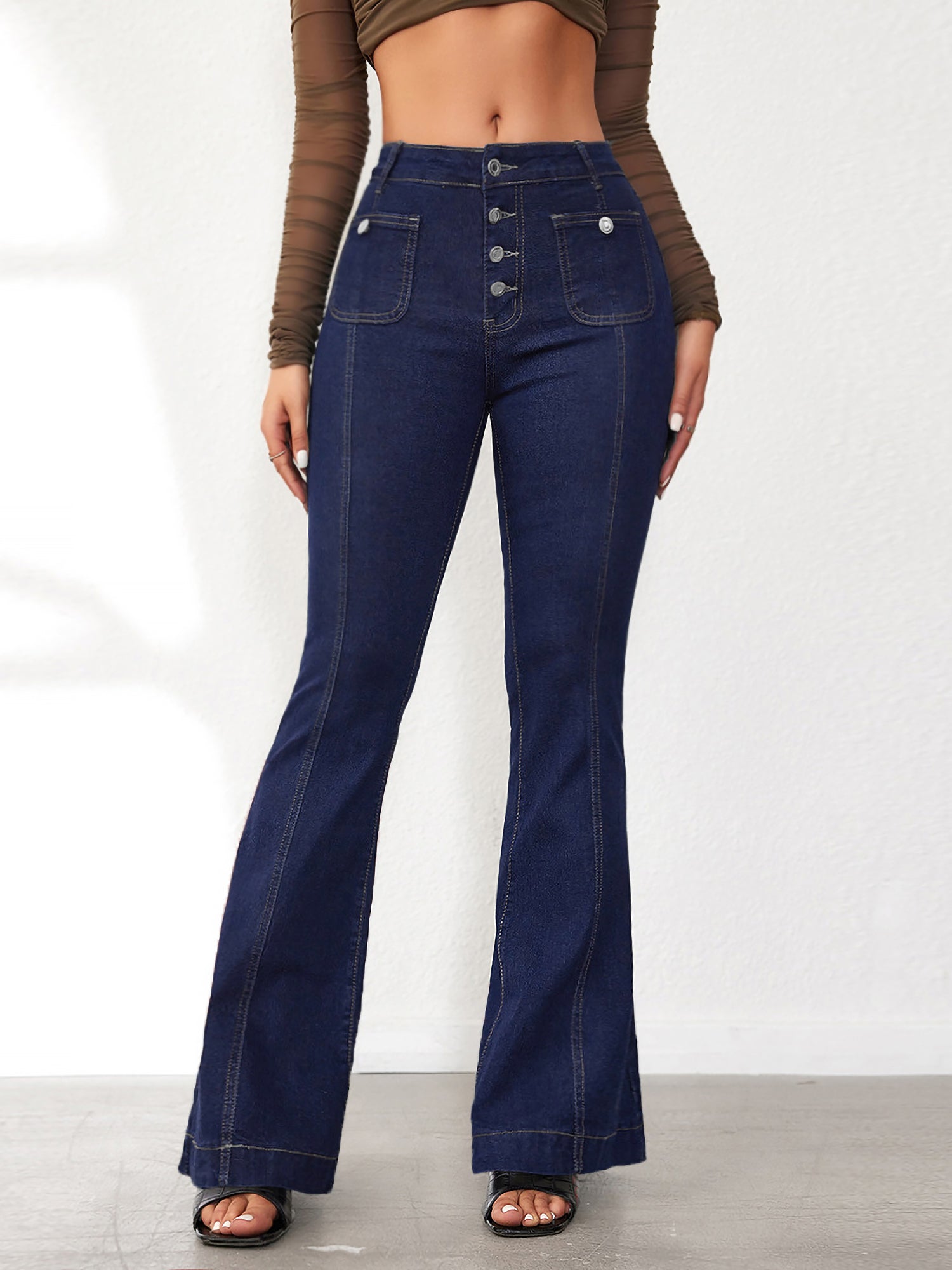 Denim Buttoned Bell-Bottomed Pocketed Jeans