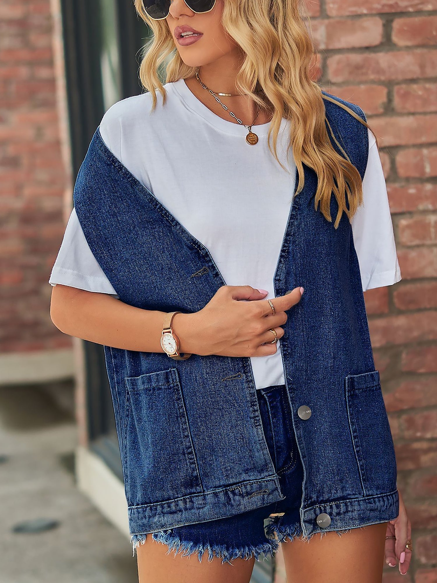 Casual Pocketed Sleeveless Button Waistcoat Denim Vest