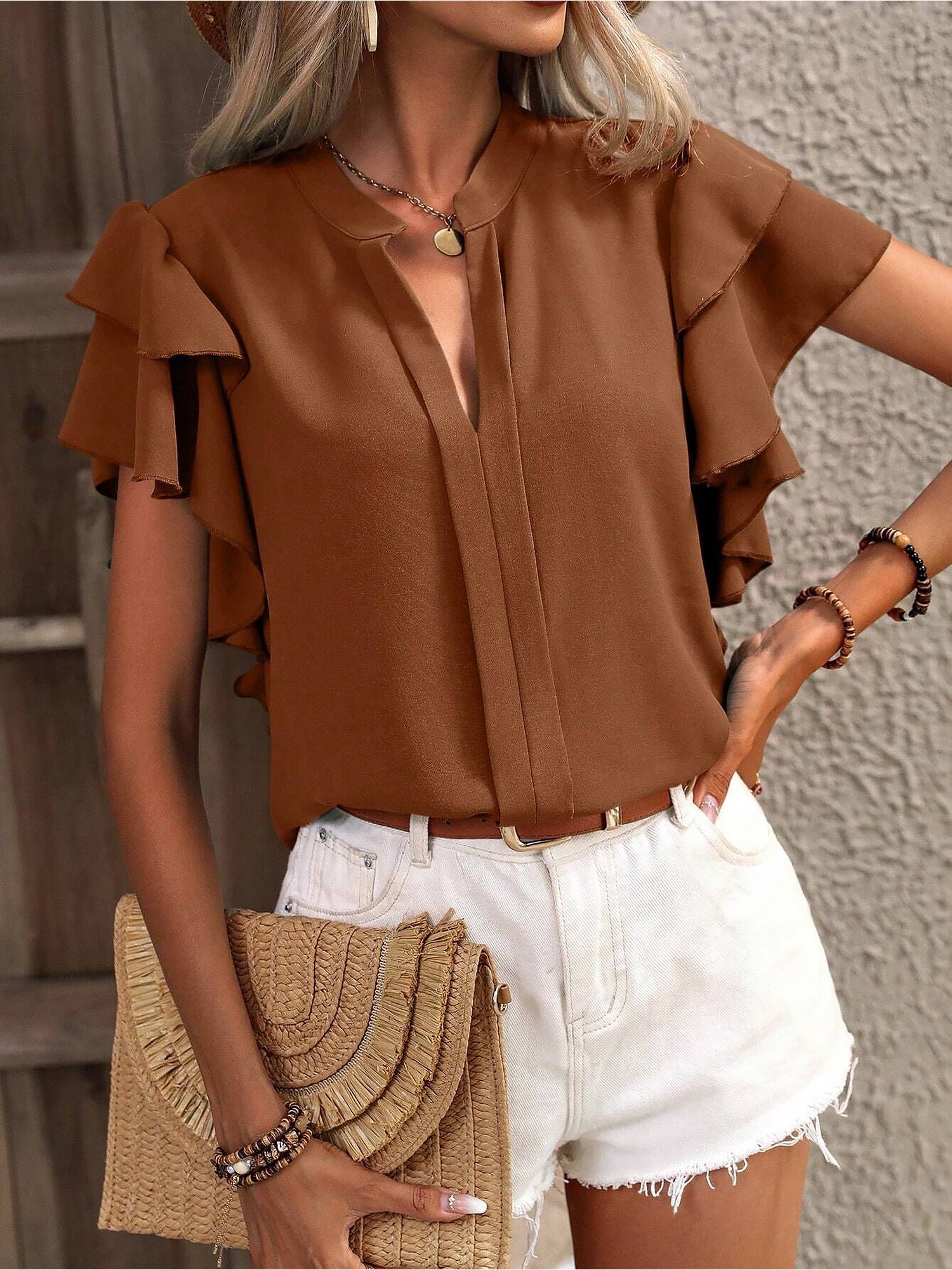 Chic Notch Neck Flutter Ruffles Short Sleeves Casual Office Blouse