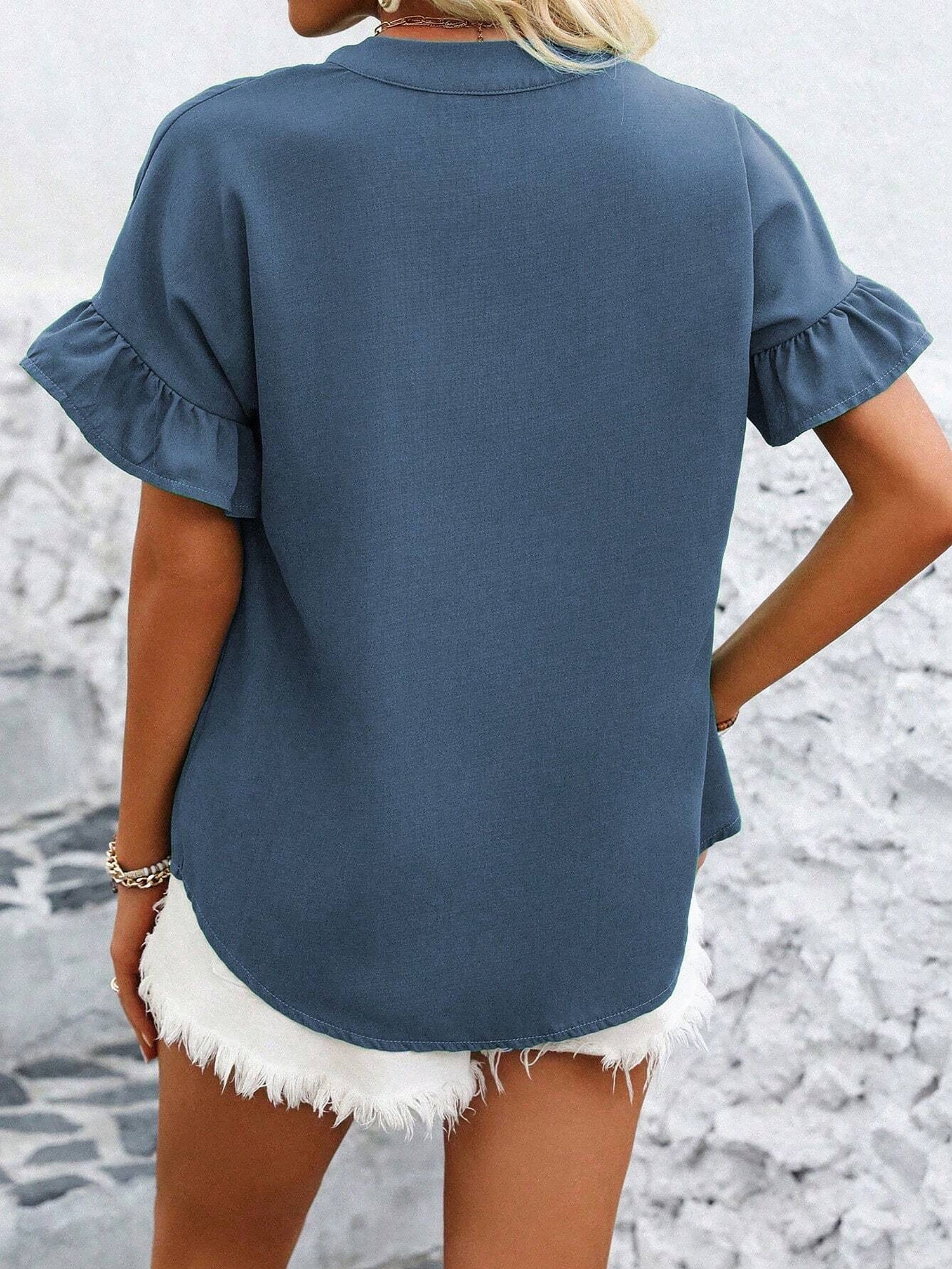 Ruffled Short Sleeve Button Solid Color Casual Blouse