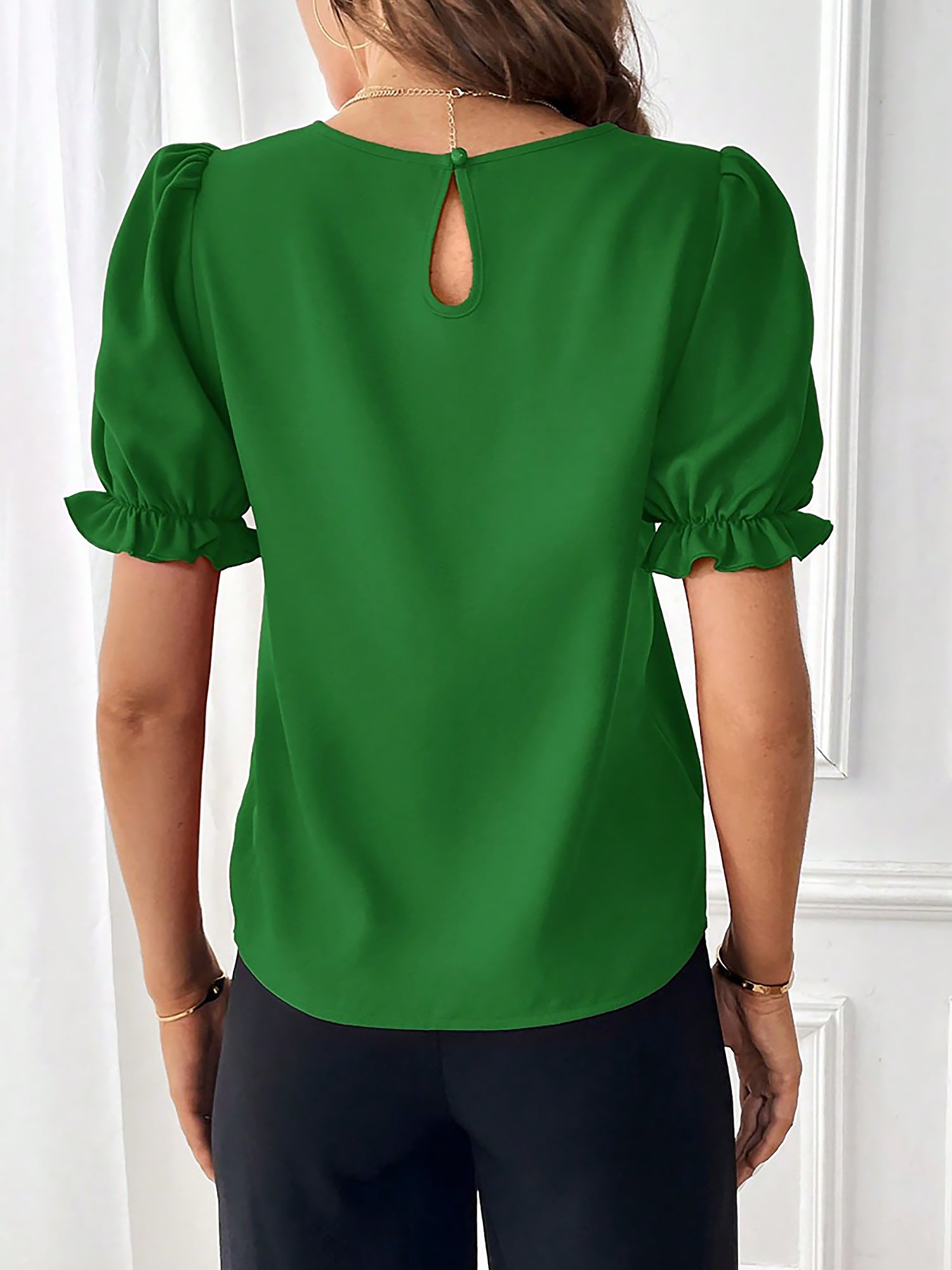 Adjustable Elastic Cuff Solid Color Round Neck Puff Sleeves Blouse