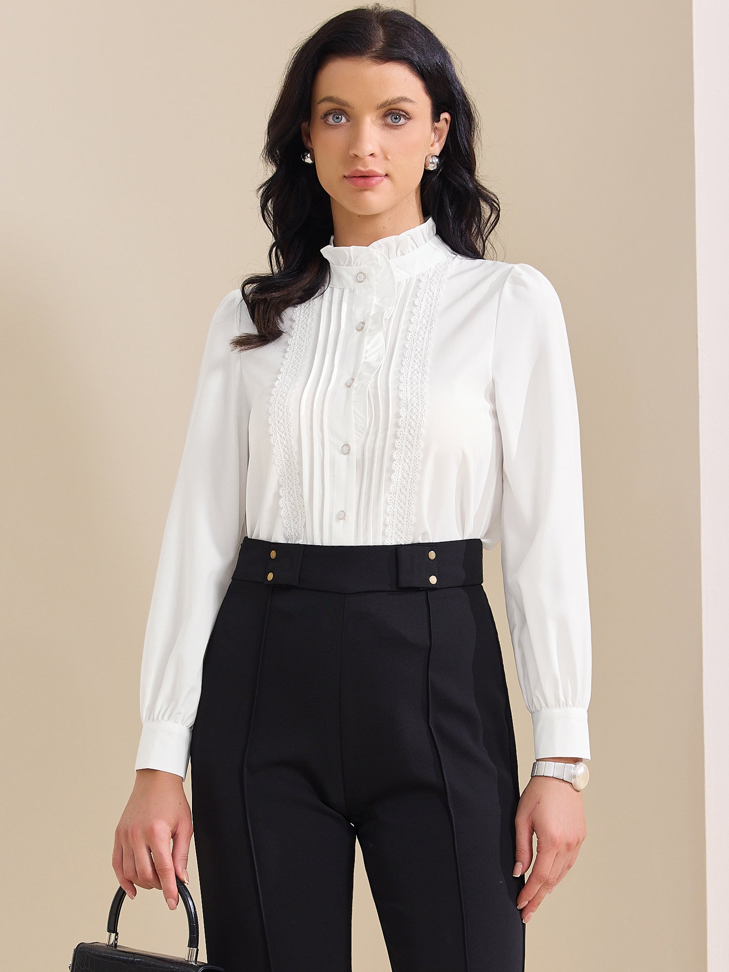 Ruffled Button Down Long Sleeve Work Shirts