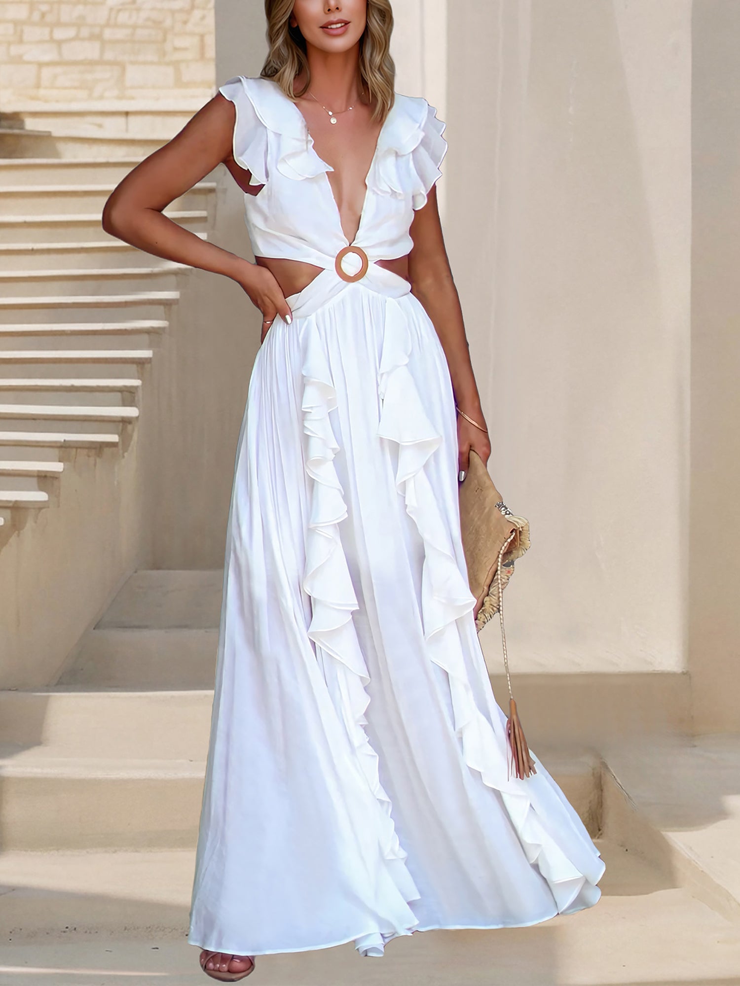 Boho Backless Lace-up Ruffled Cut Out Slit Maxi Dress