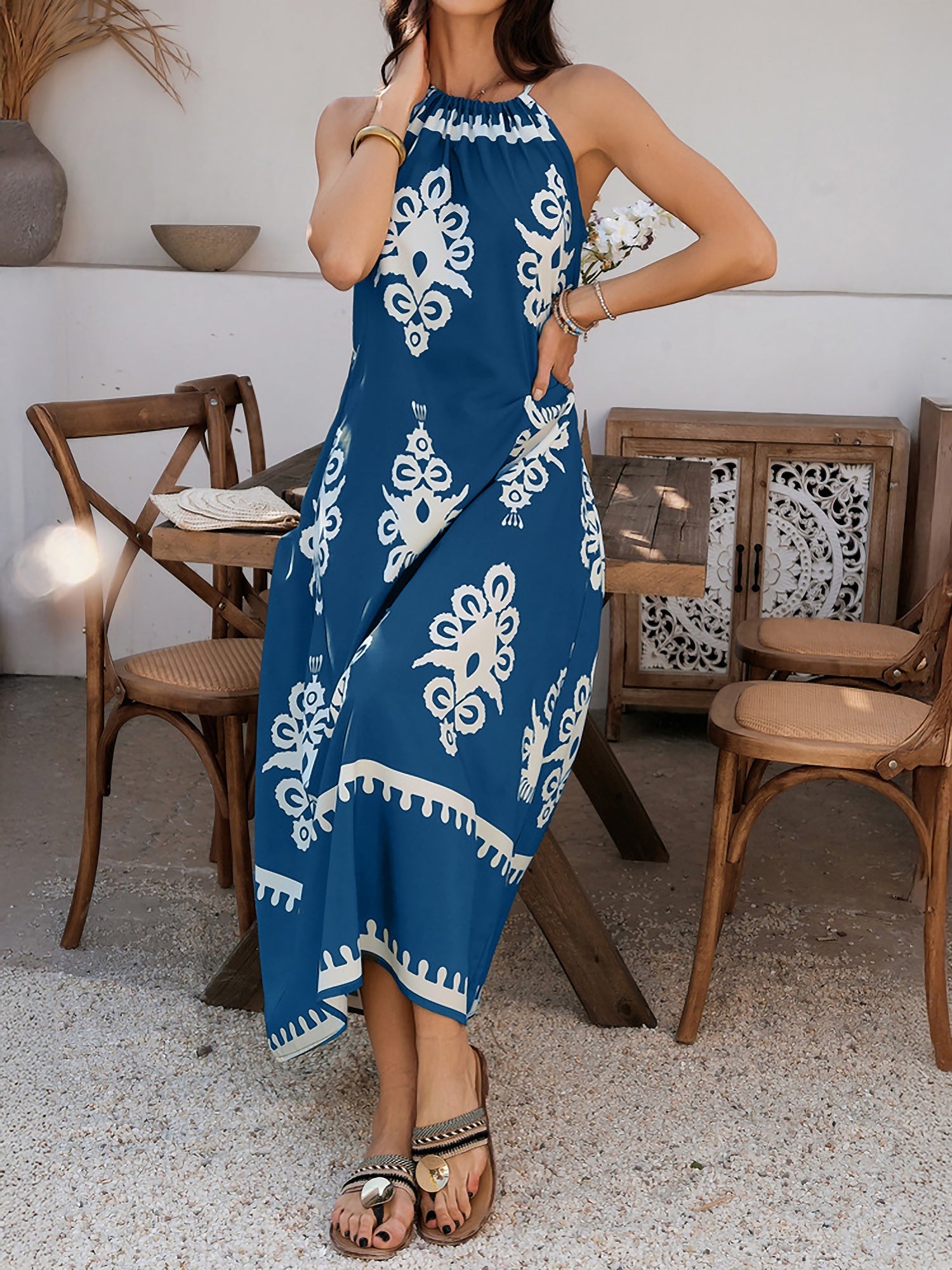 Bohemian Halter Neck Sleeveless Mxi Resort Dress