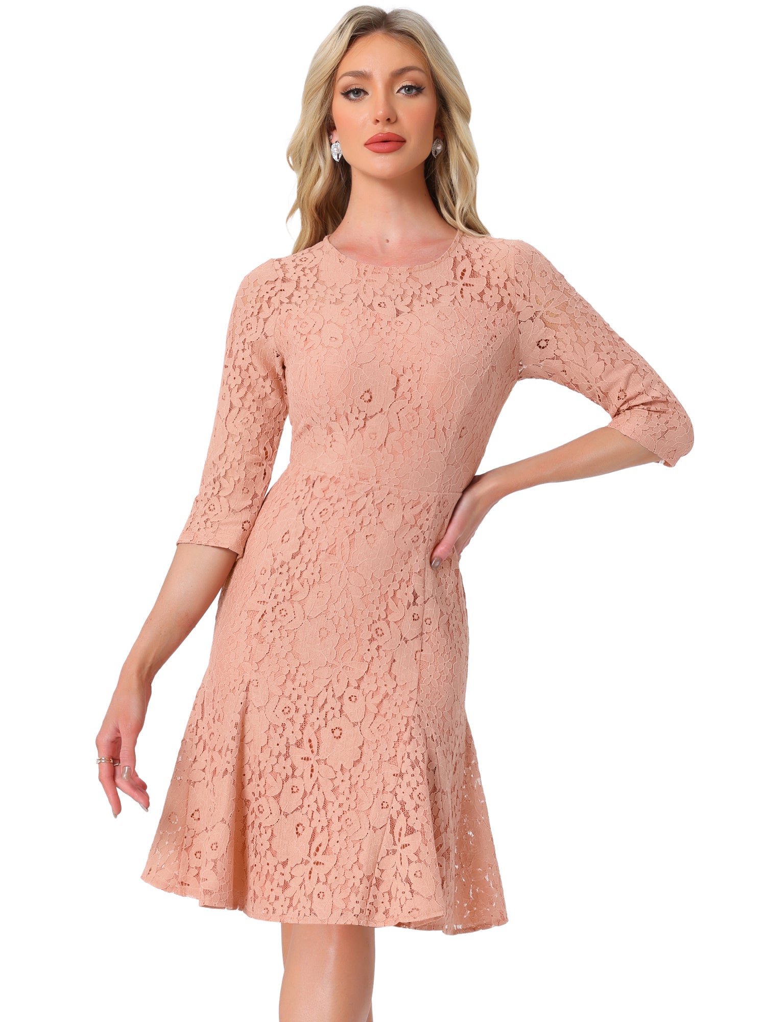 Elegant Lace 3/4 Sleeves Ruffles Bodycon Fishtail Dress