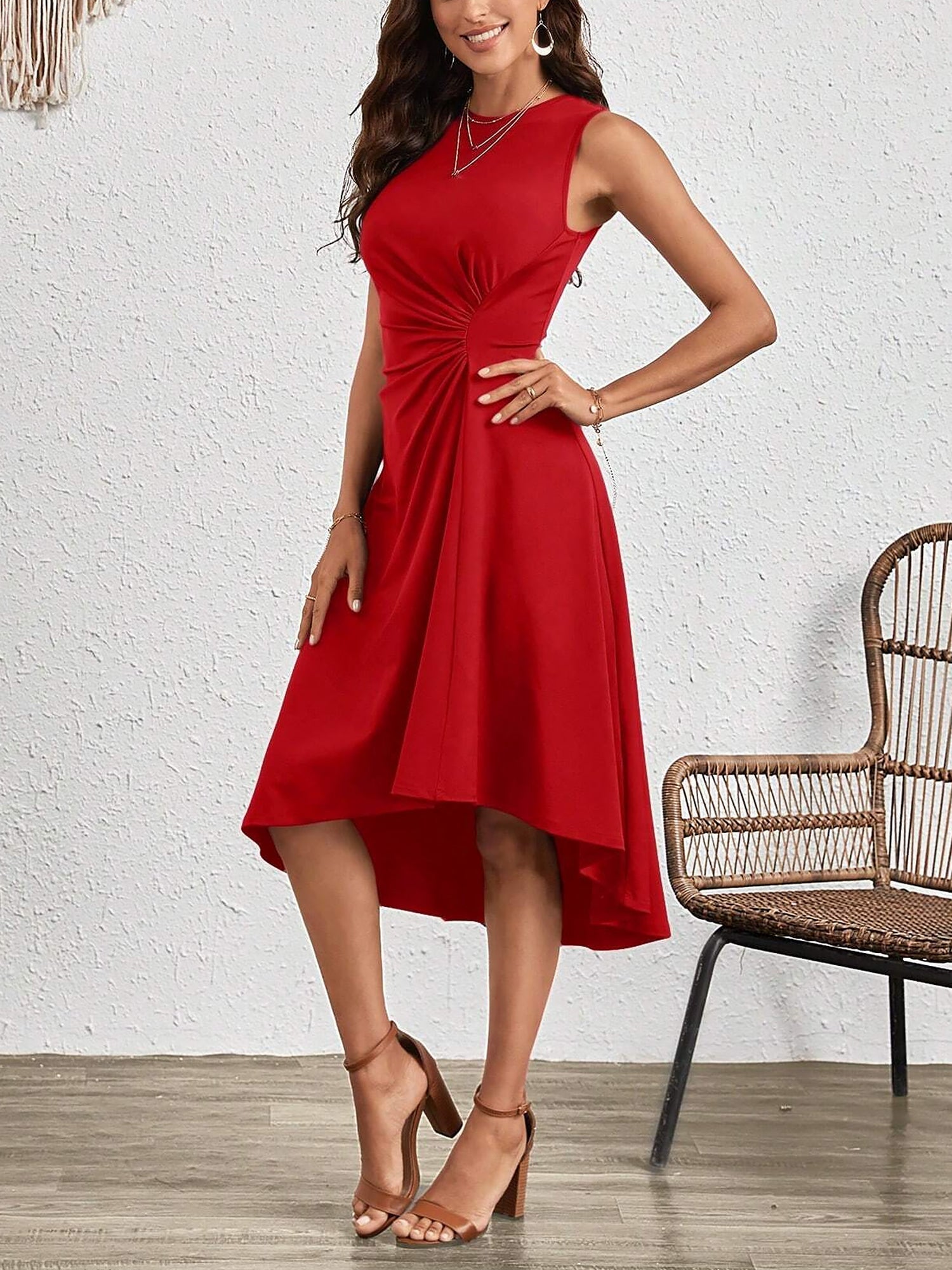 Sleeveless Ruched Irregular Hem Midi Dress