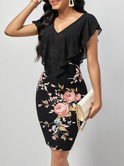 Ruffled Mesh Short Sleeves Floral Bodycon Midi Dress