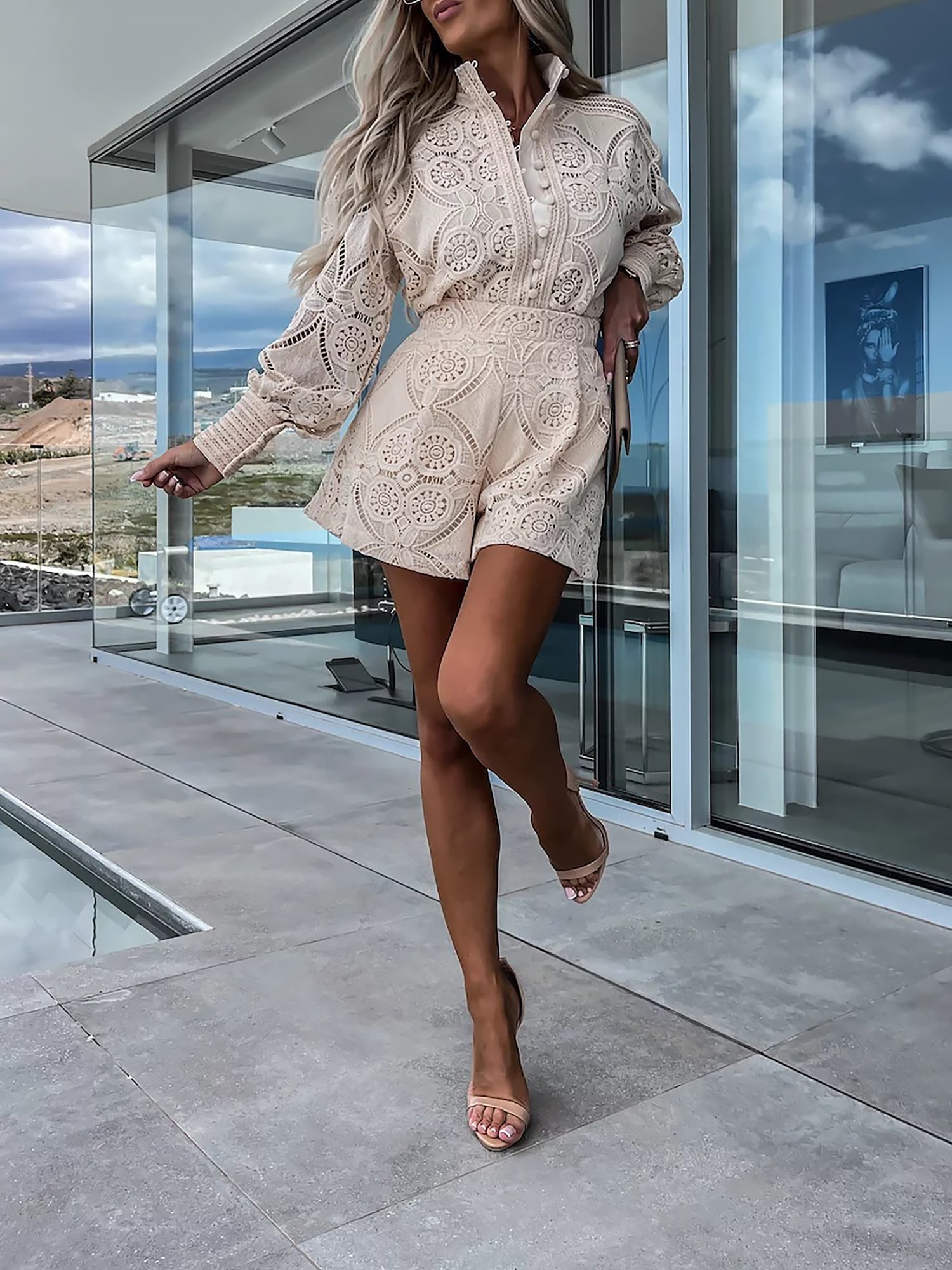2 Pieces Boho Long Sleeves Eyelet Blouse & Shorts Set