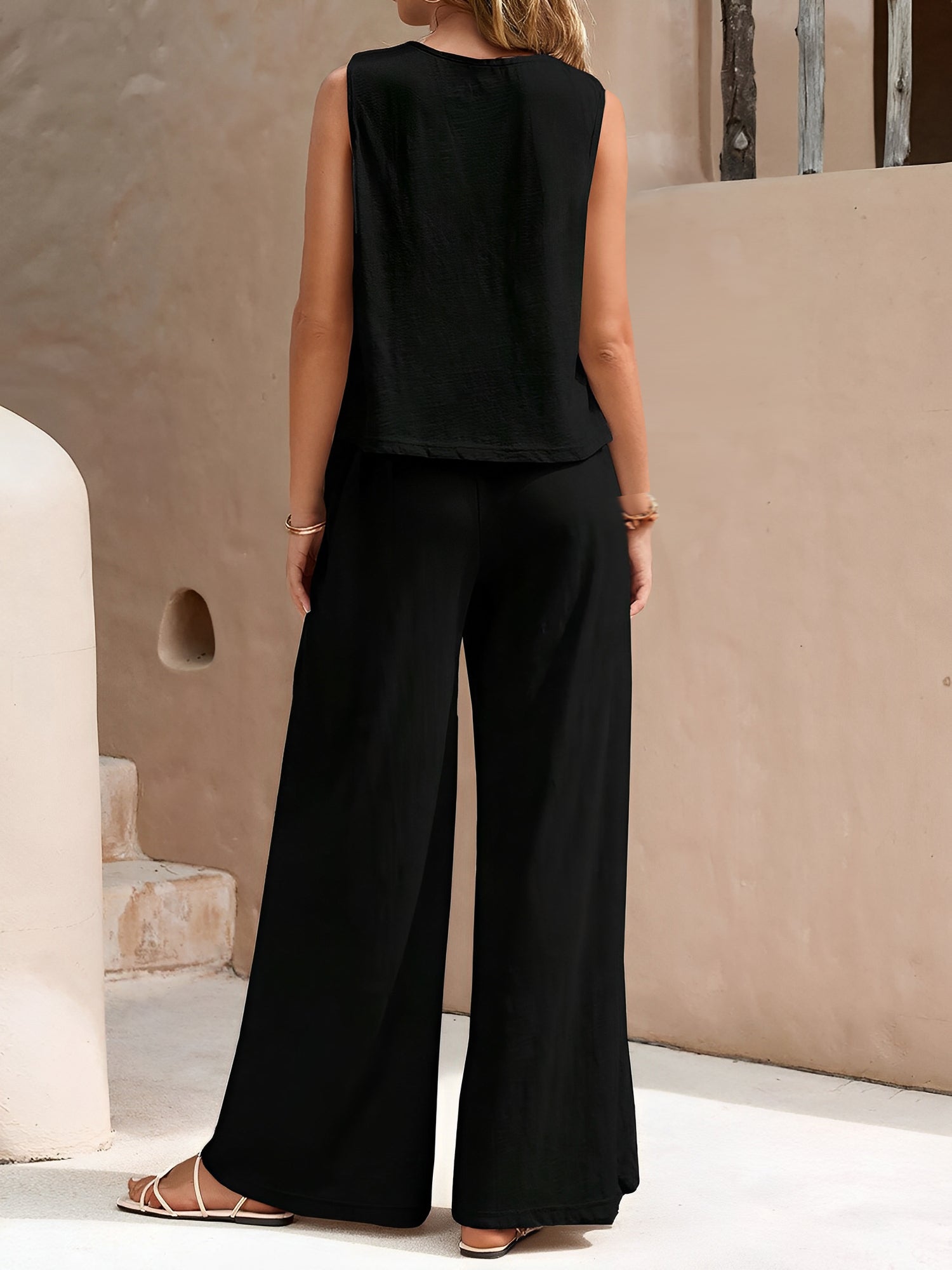 2 Pieces Solid Color Sleeves Top & Wide Leg Pants Lounge Set