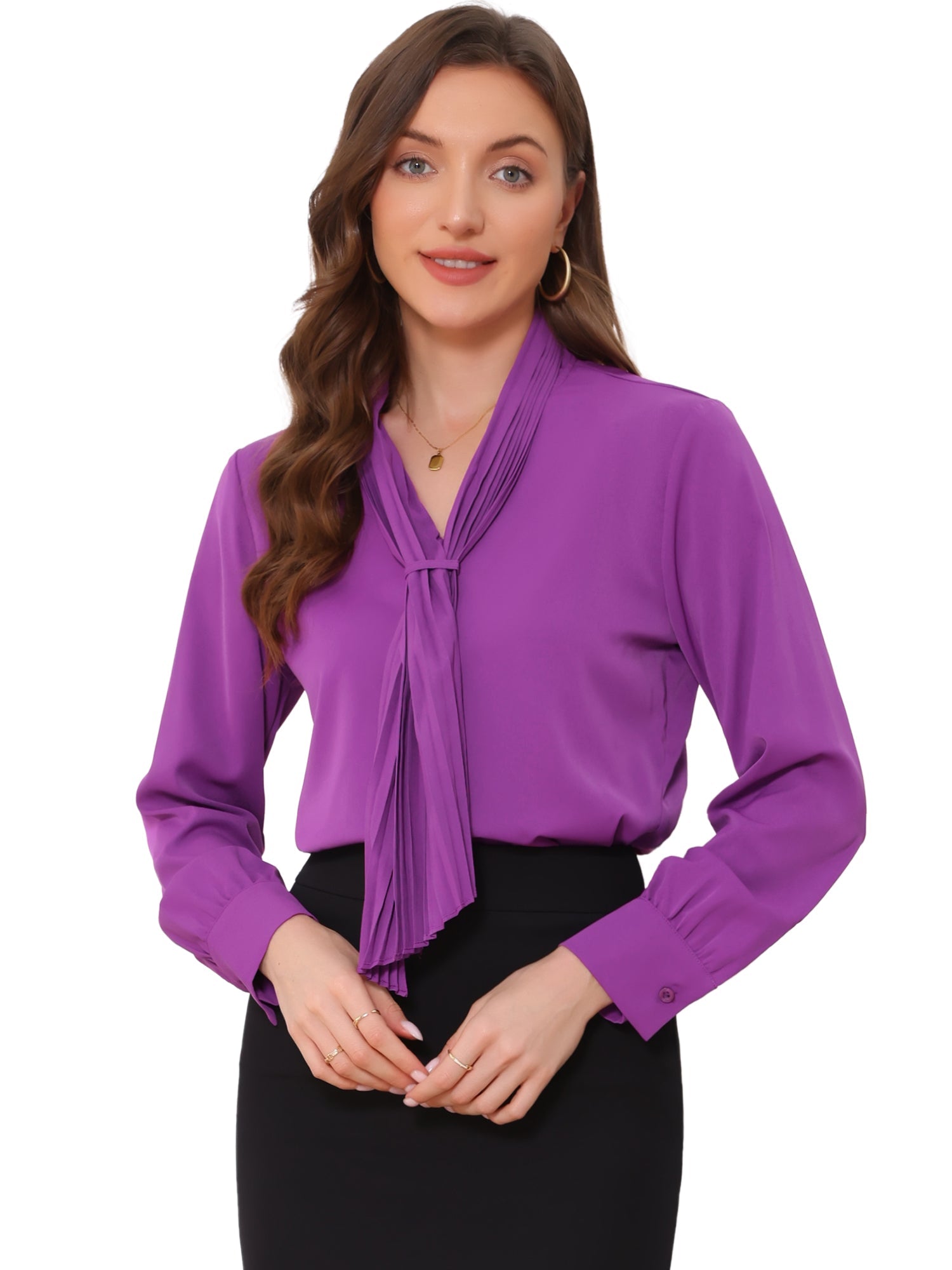 Long Sleeve Chiffon Pleated Tie Neck Office Blouse