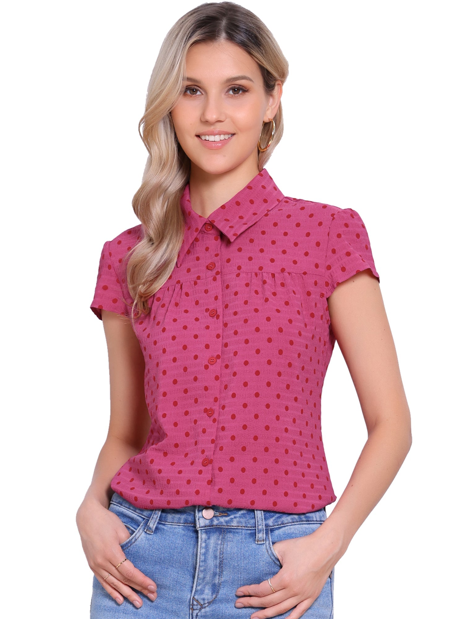 Short Sleeve Tops Vintage Polka Dots Button Up Shirt