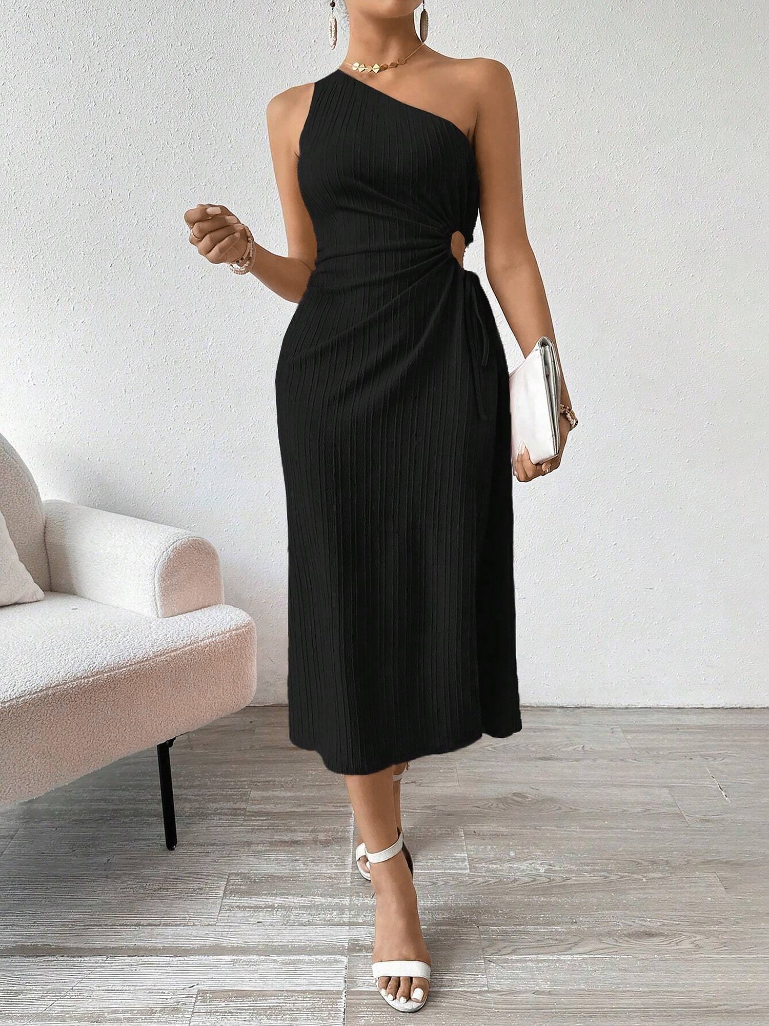 One Shoulder Sleeveless Cut-Out Slit Midi Dress