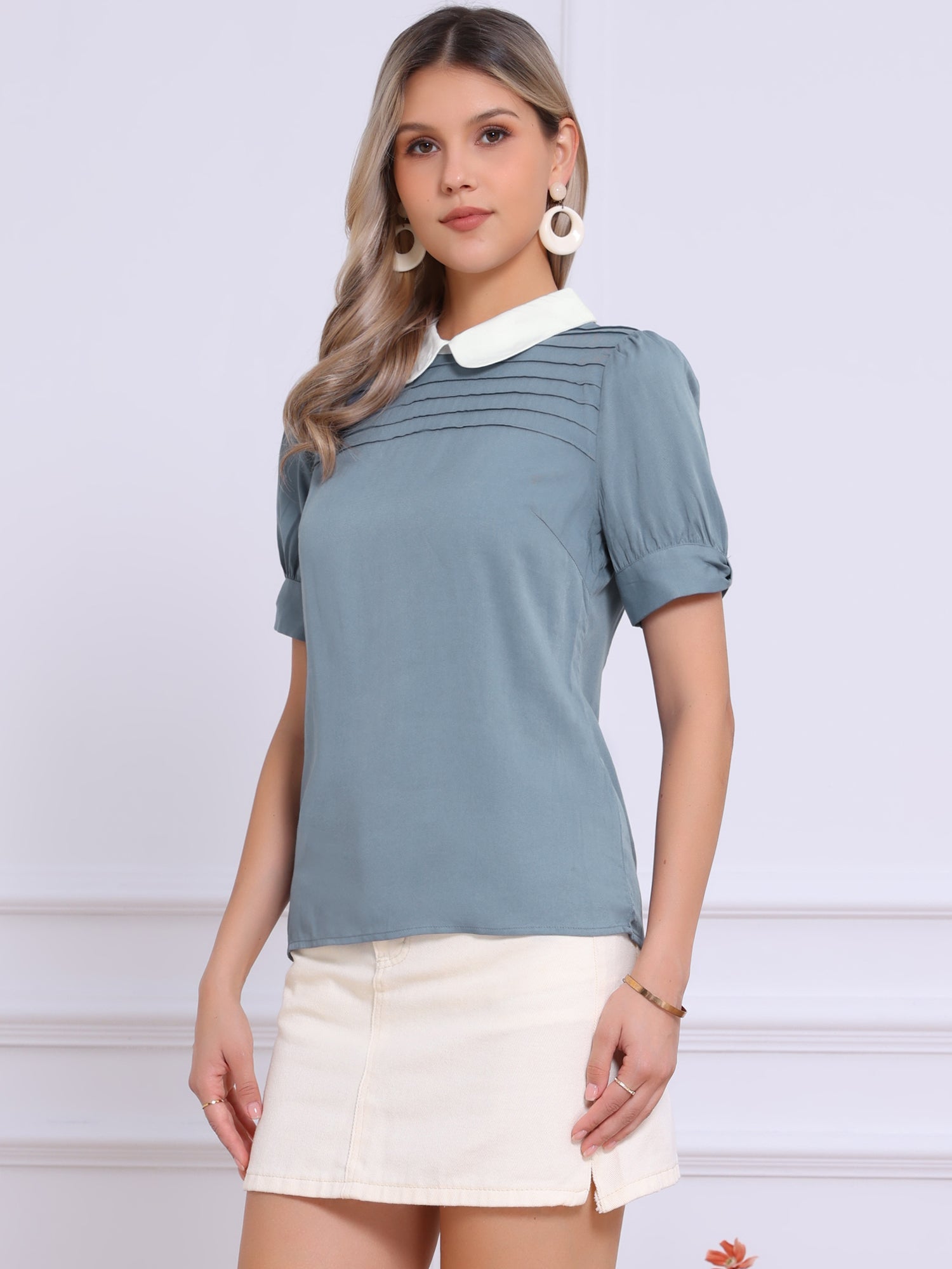 Pleated Contrast Peter Pan Collar Puff Short Sleeve Blouse
