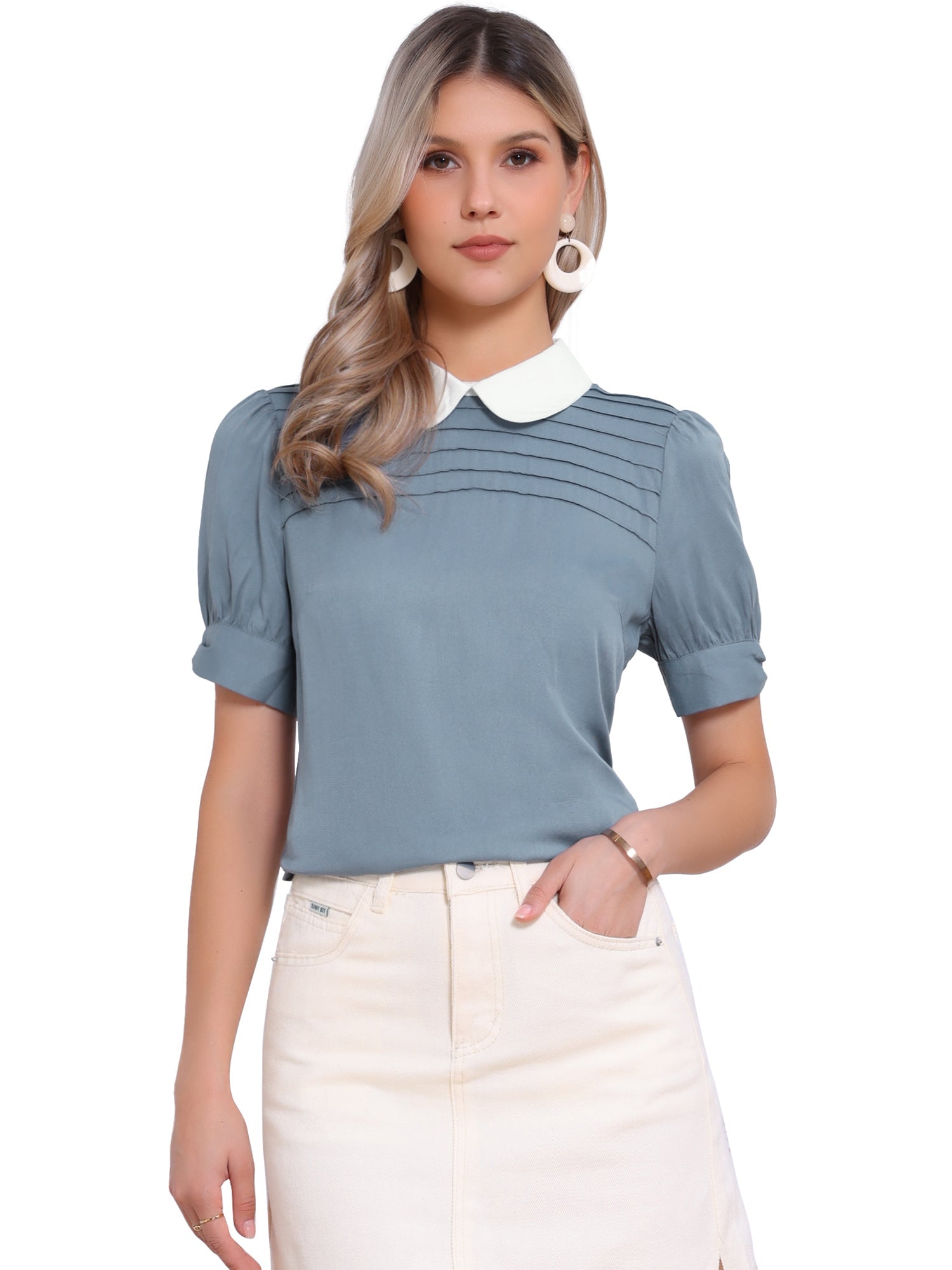 Pleated Contrast Peter Pan Collar Puff Short Sleeve Blouse
