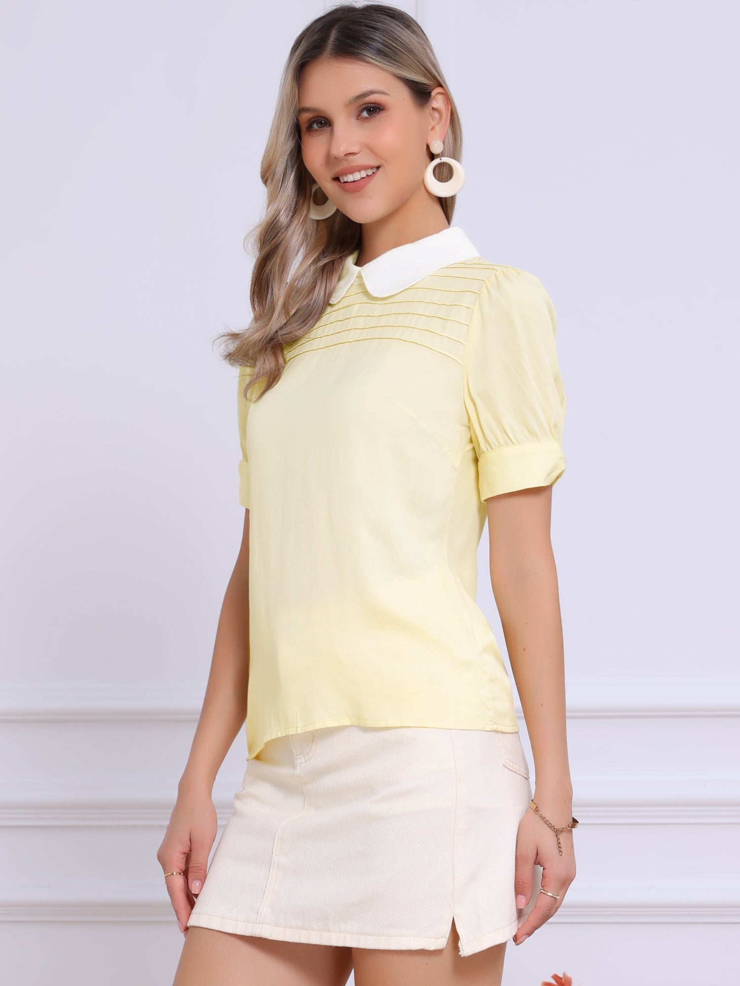 Pleated Contrast Peter Pan Collar Puff Short Sleeve Blouse