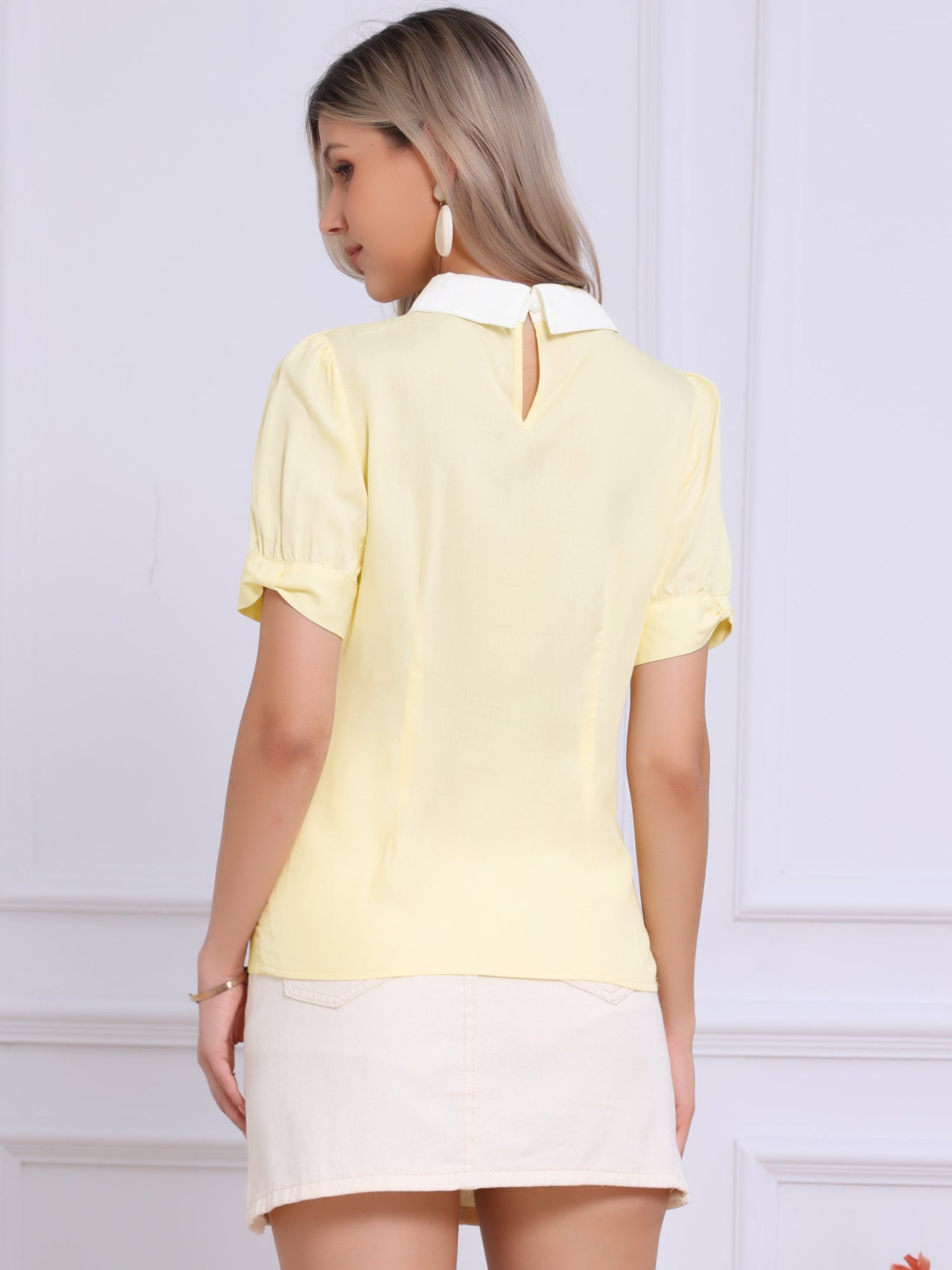 Pleated Contrast Peter Pan Collar Puff Short Sleeve Blouse