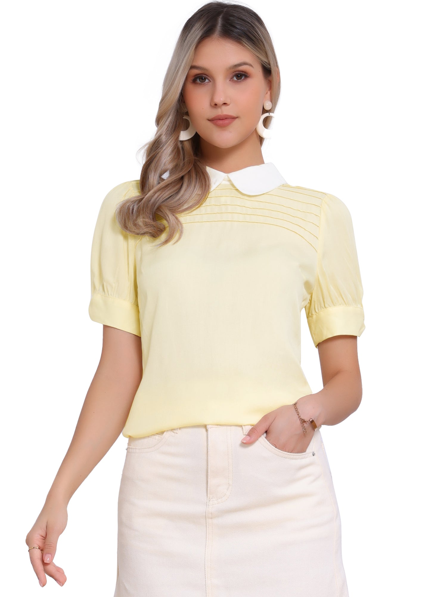 Pleated Contrast Peter Pan Collar Puff Short Sleeve Blouse