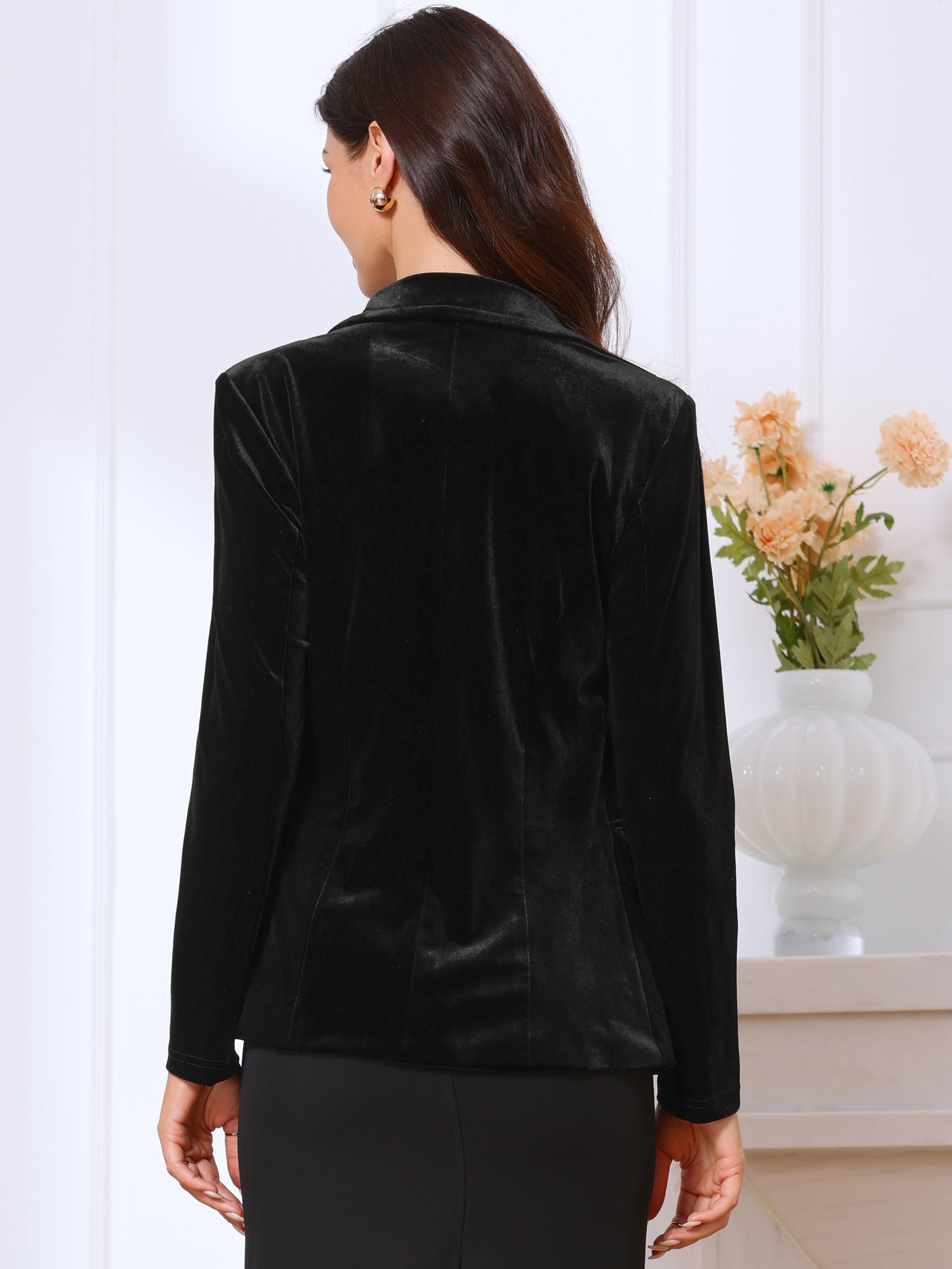 Notched Lapel Long Sleeve One Button Dressy Office Velvet Blazer