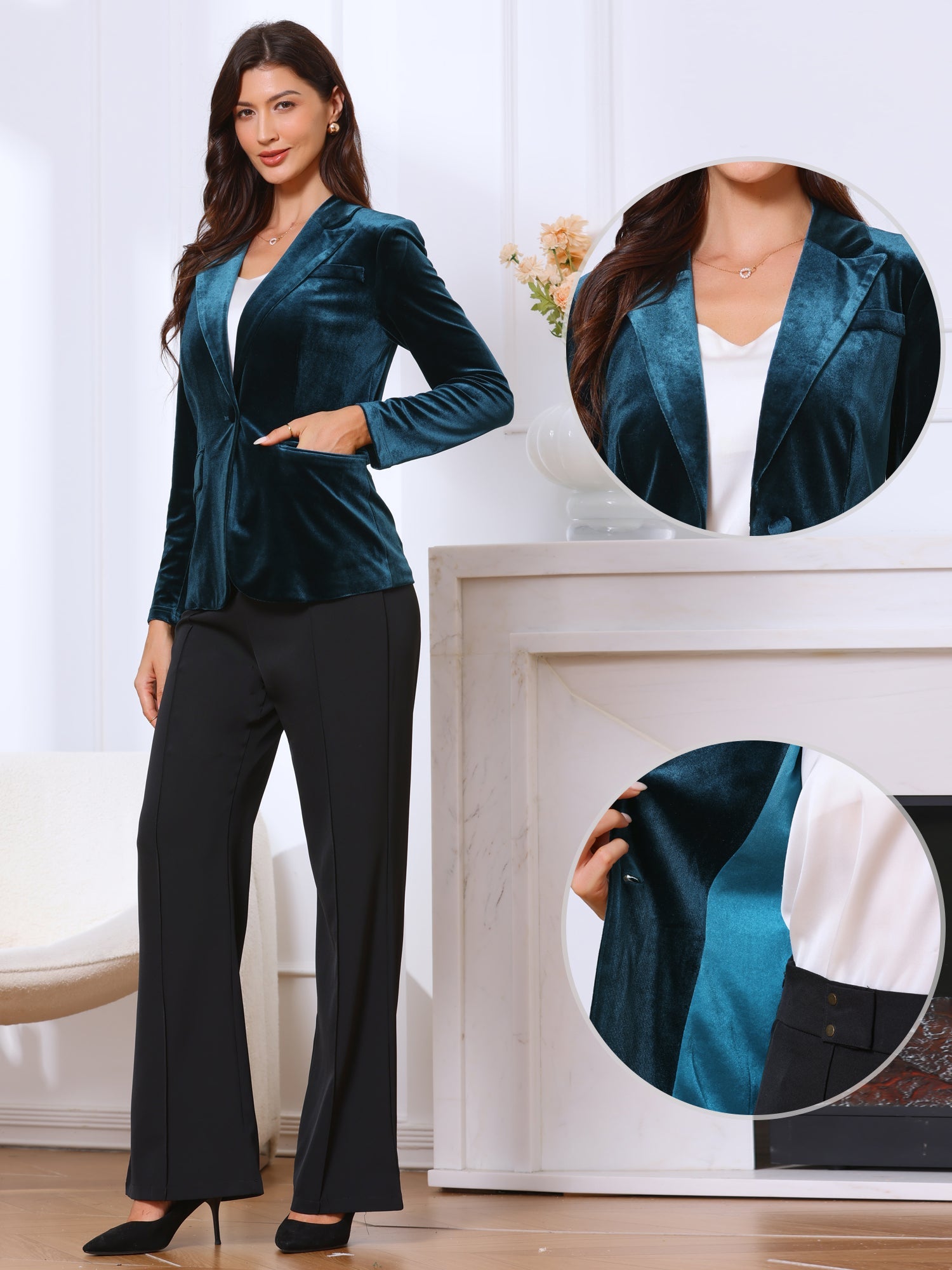 Notched Lapel Long Sleeve One Button Dressy Office Velvet Blazer