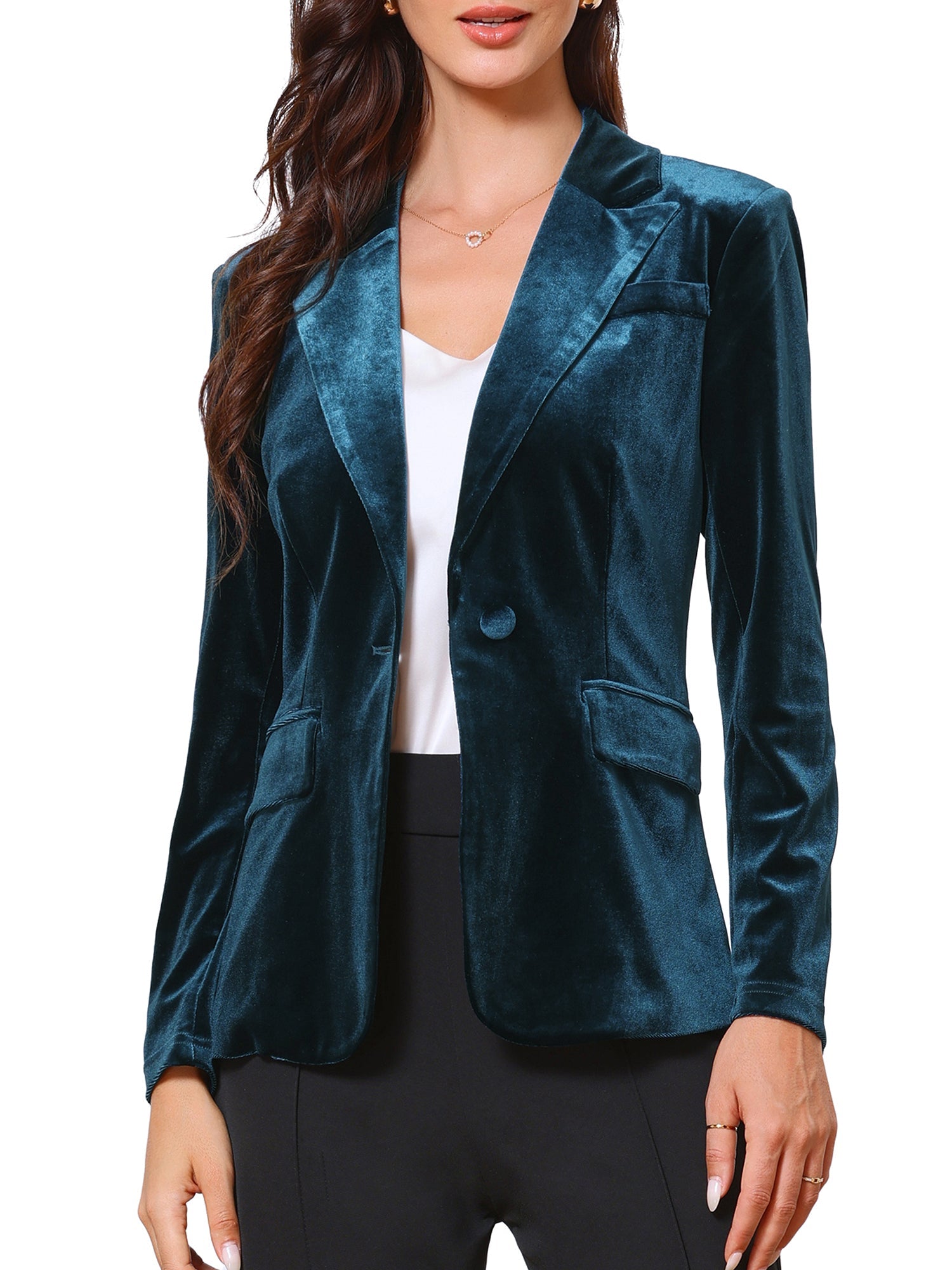 Notched Lapel Long Sleeve One Button Dressy Office Velvet Blazer
