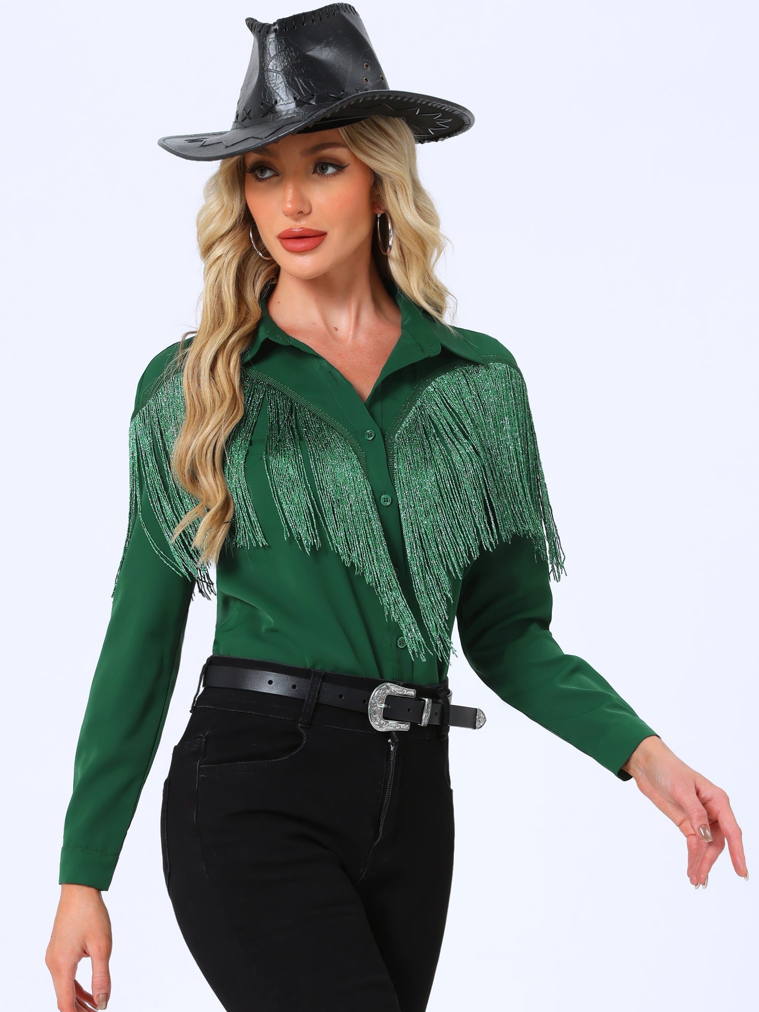 Glitter Fringe Long Sleeve Button Down Disco Party Cowgirl Blouse