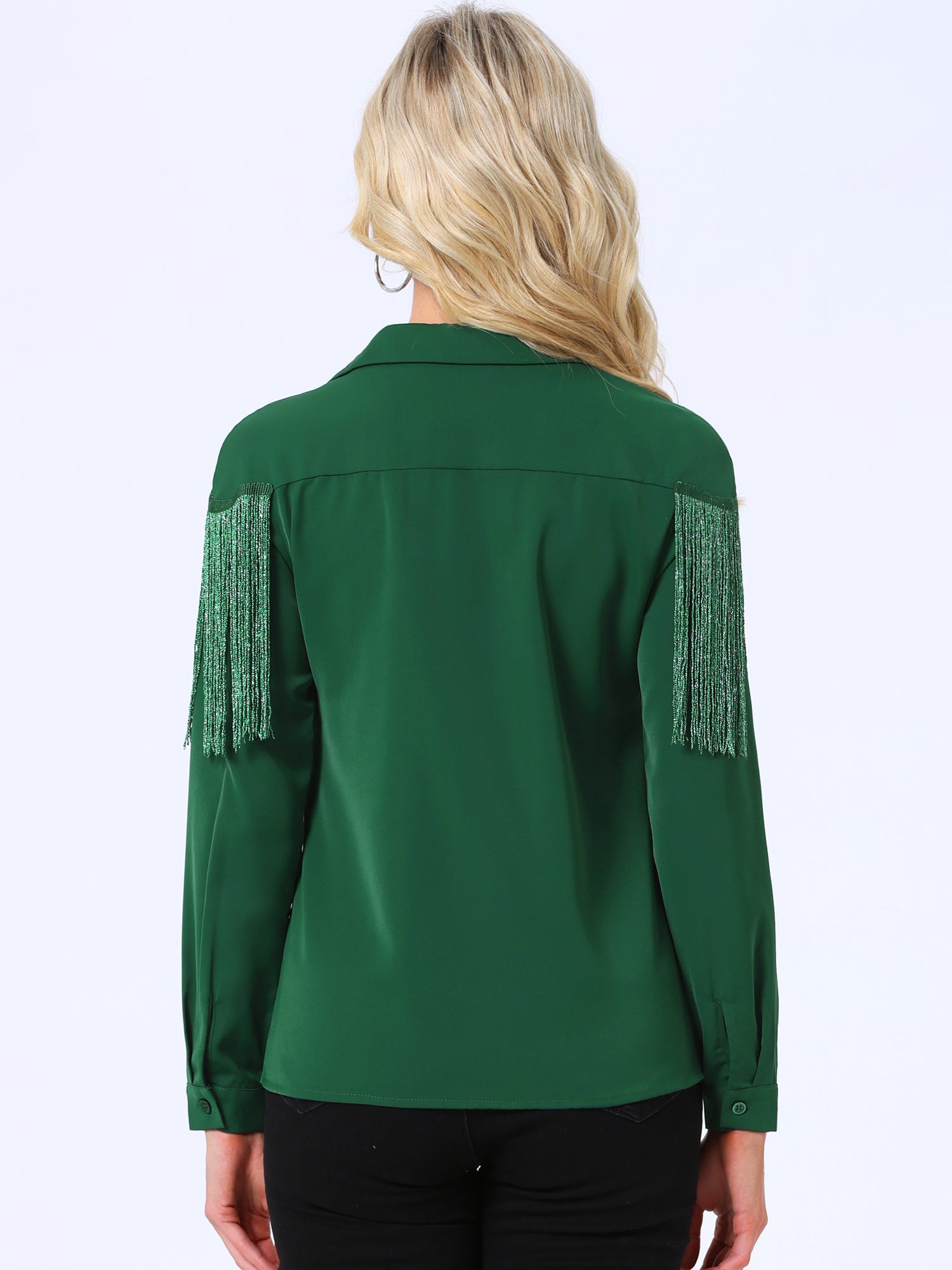 Glitter Fringe Long Sleeve Button Down Disco Party Cowgirl Blouse