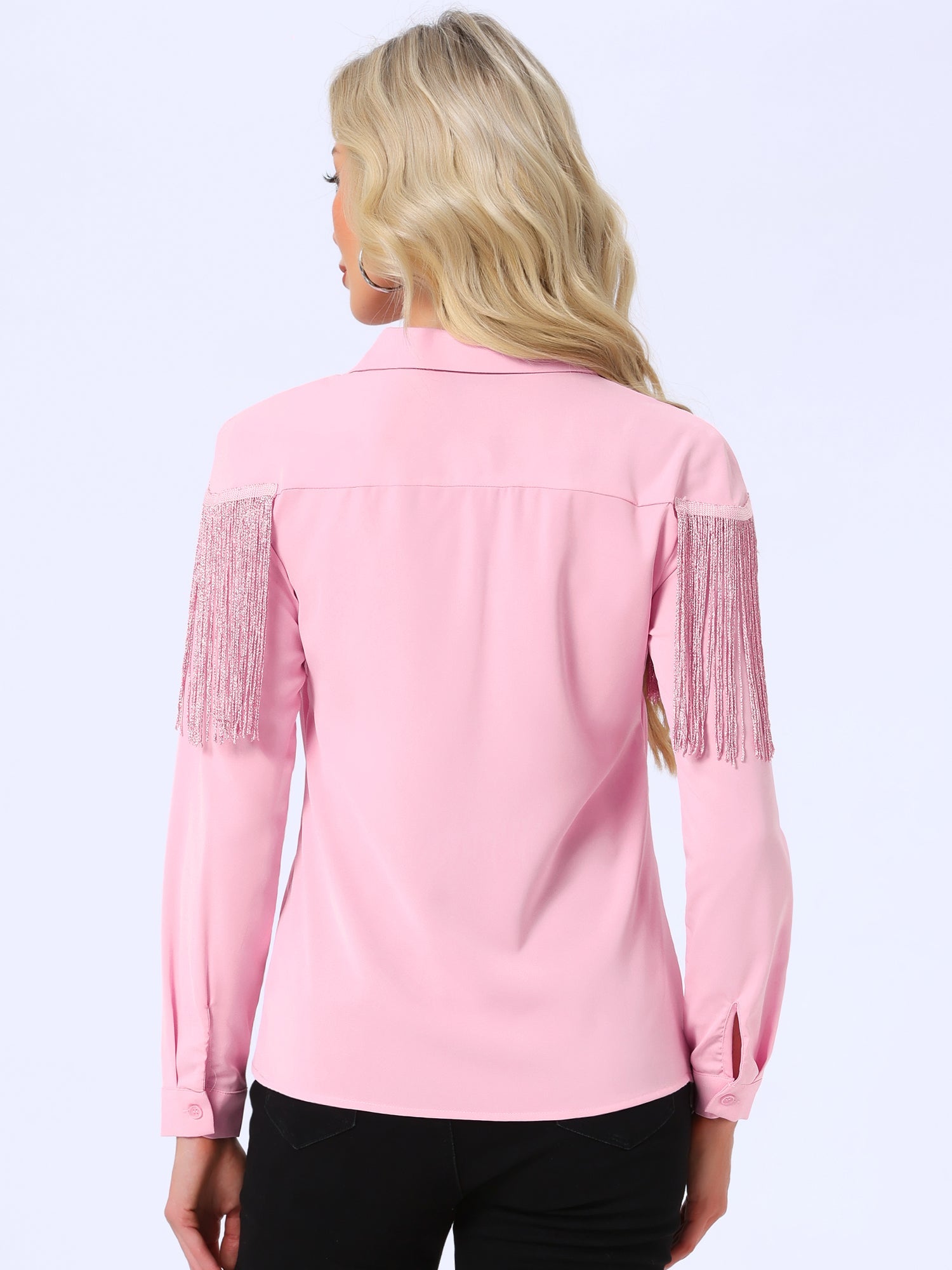 Glitter Fringe Long Sleeve Button Down Disco Party Cowgirl Blouse