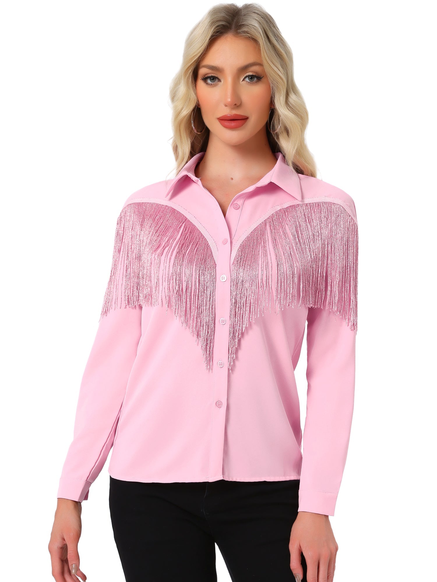Glitter Fringe Long Sleeve Button Down Disco Party Cowgirl Blouse