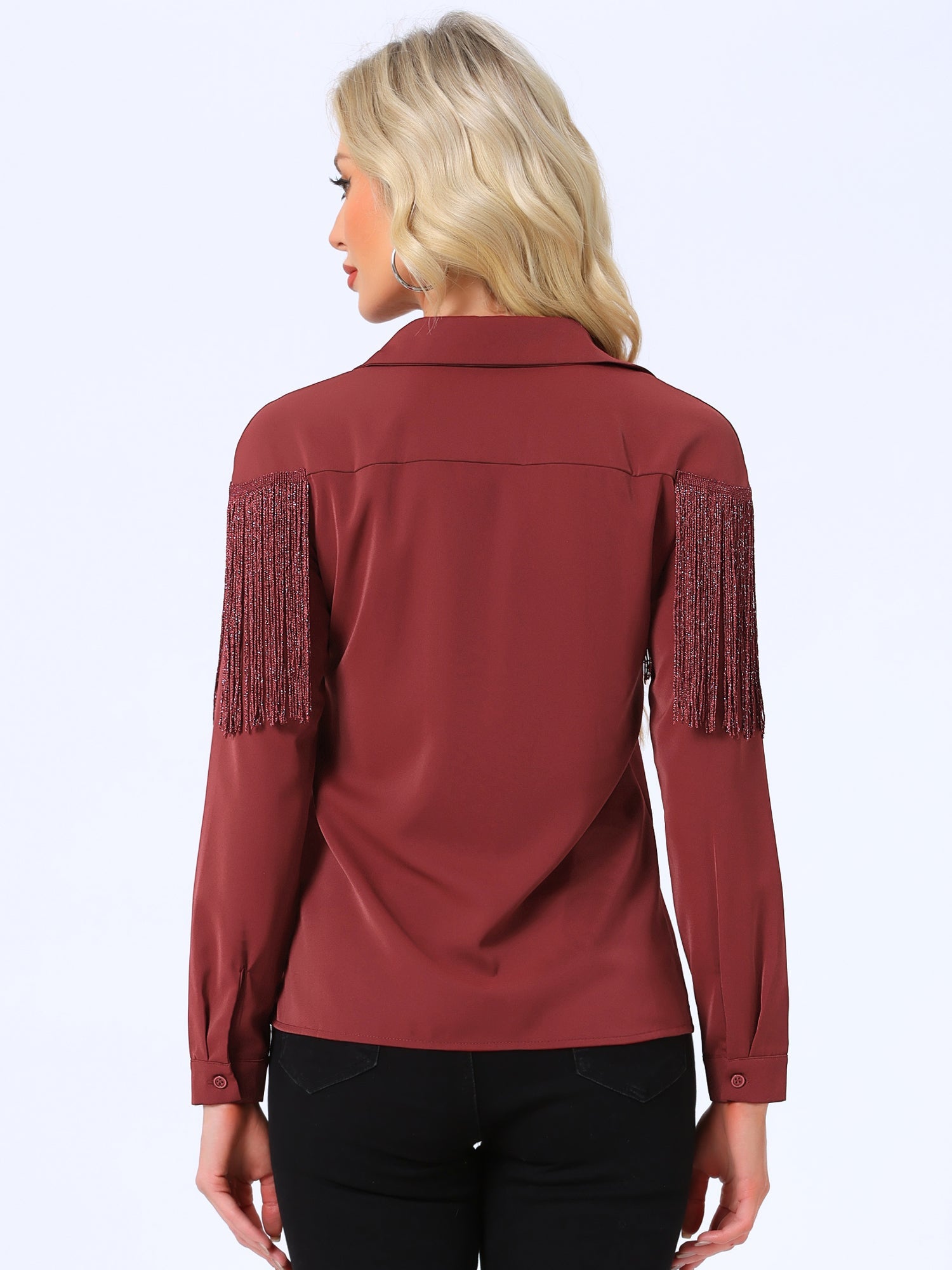 Glitter Fringe Long Sleeve Button Down Disco Party Cowgirl Blouse