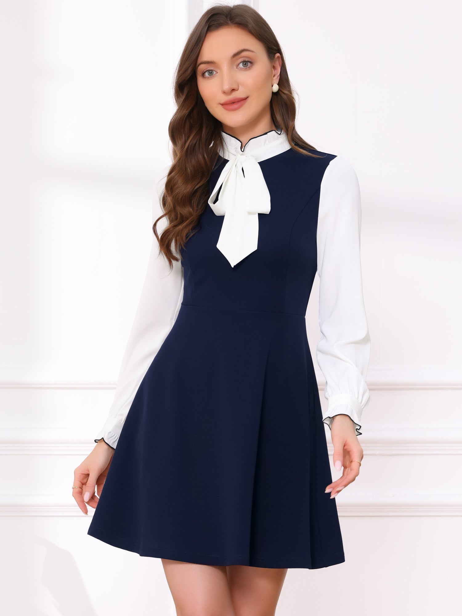 Patchwork Contrast Color Long Sleeve Tie Neck Mini Dress